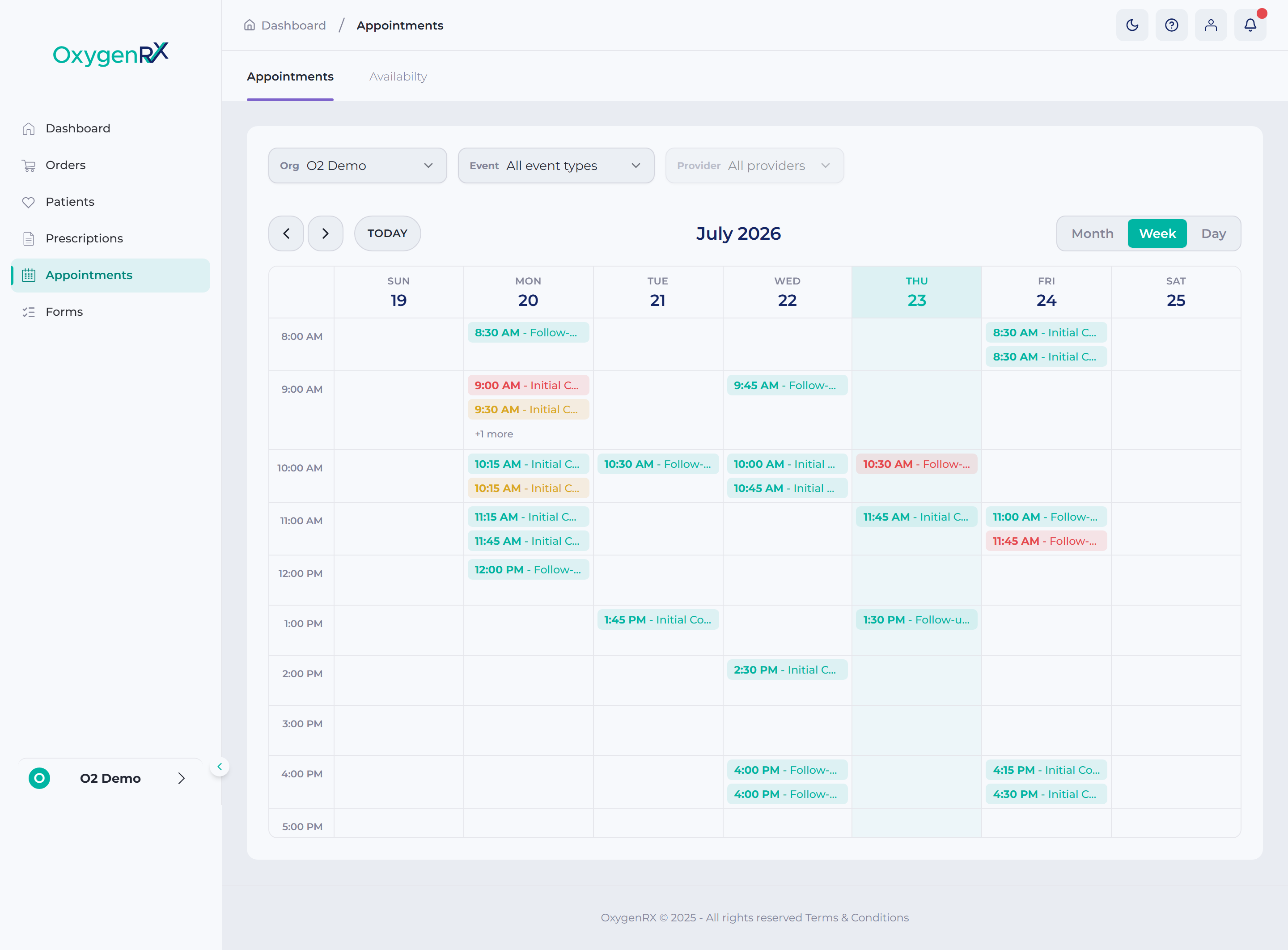 The Appointments screen with the calendar and its filter row across the top.
