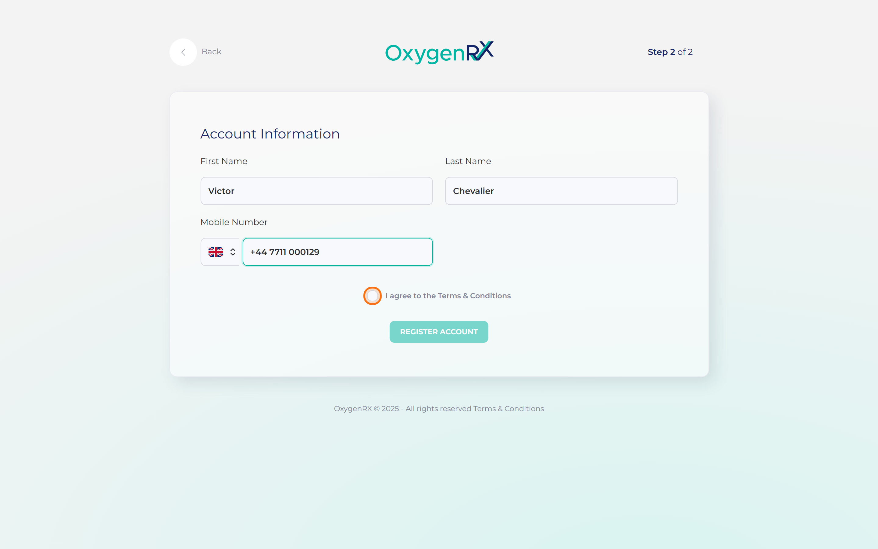 the Account Information step 2 of 2 screen with the Terms & Conditions tick box