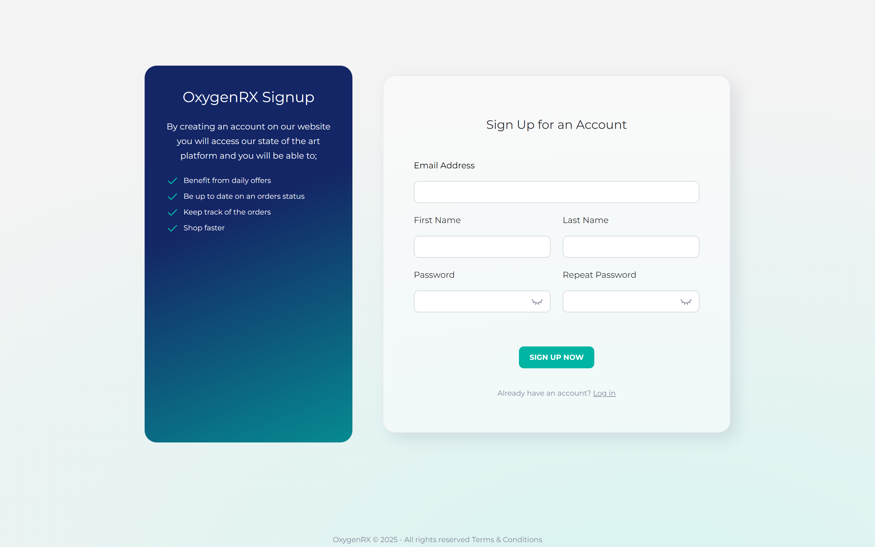 the Sign Up for an Account page with the email, name, and password boxes