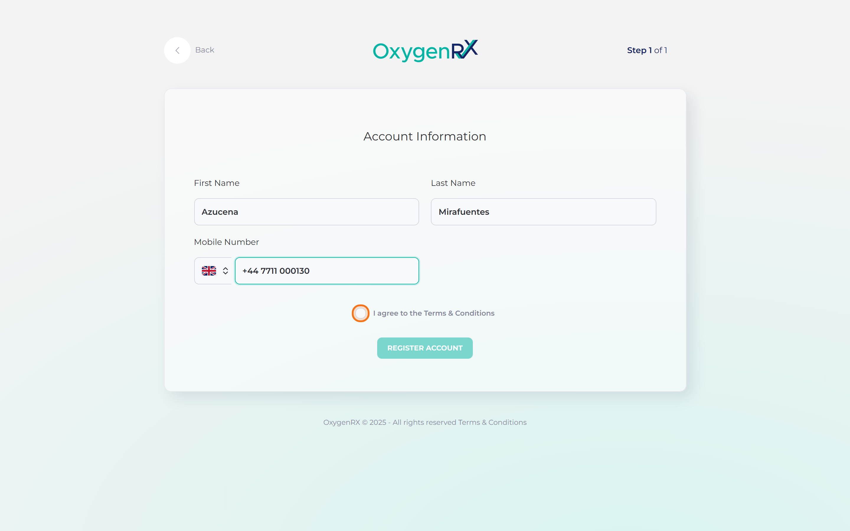 the Account Information screen with name, mobile number, and Terms & Conditions tick box