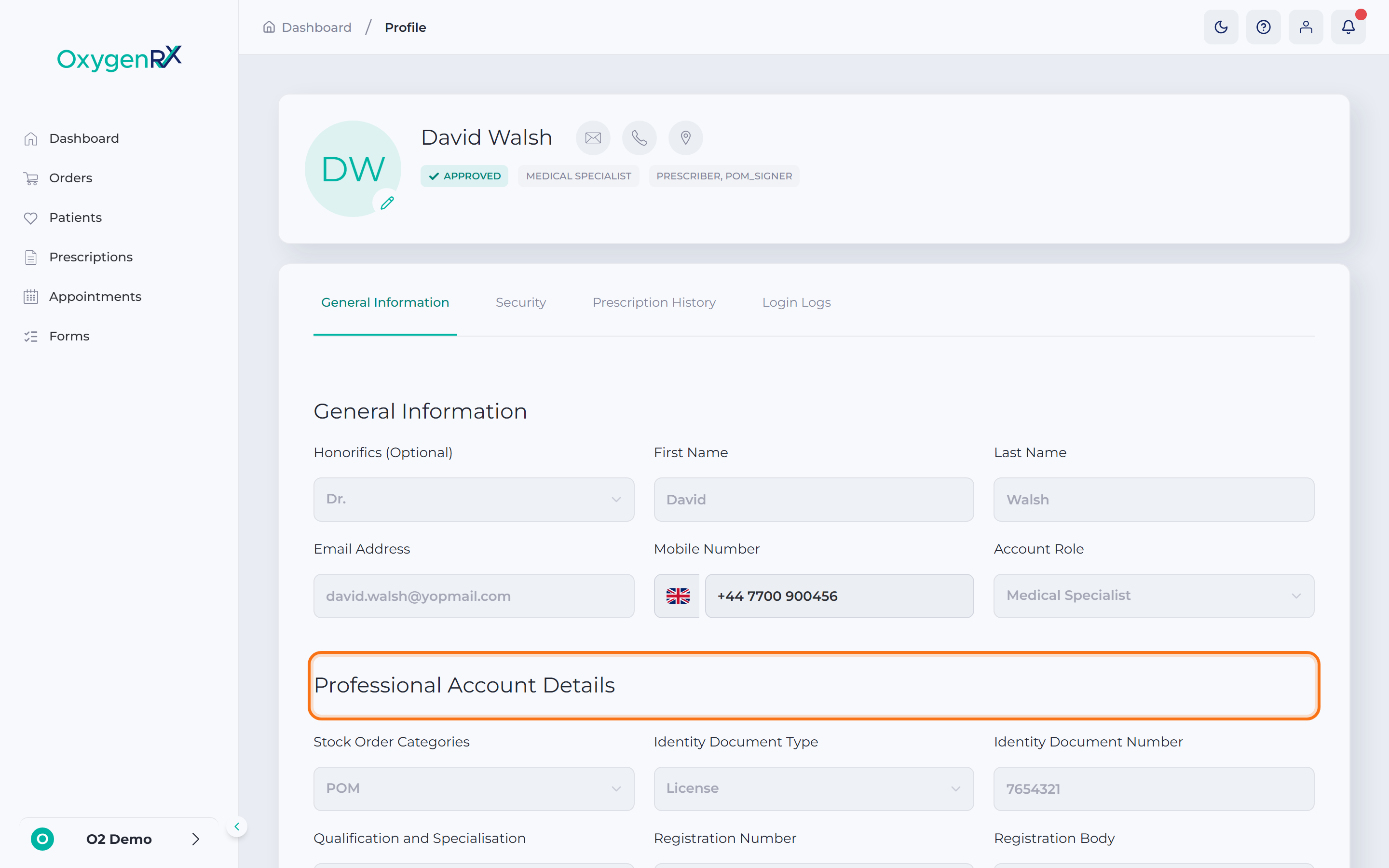 the Professional Account Details section of the profile page