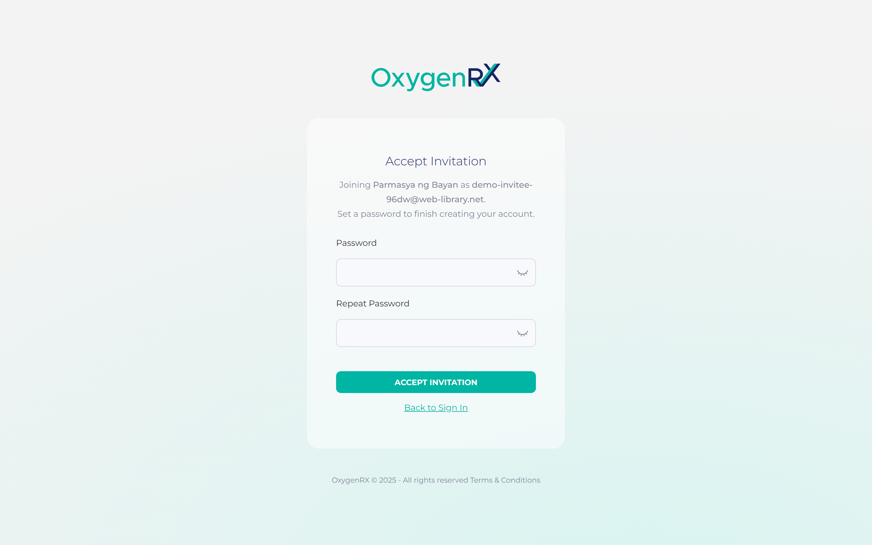 the Accept Invitation screen with the password boxes