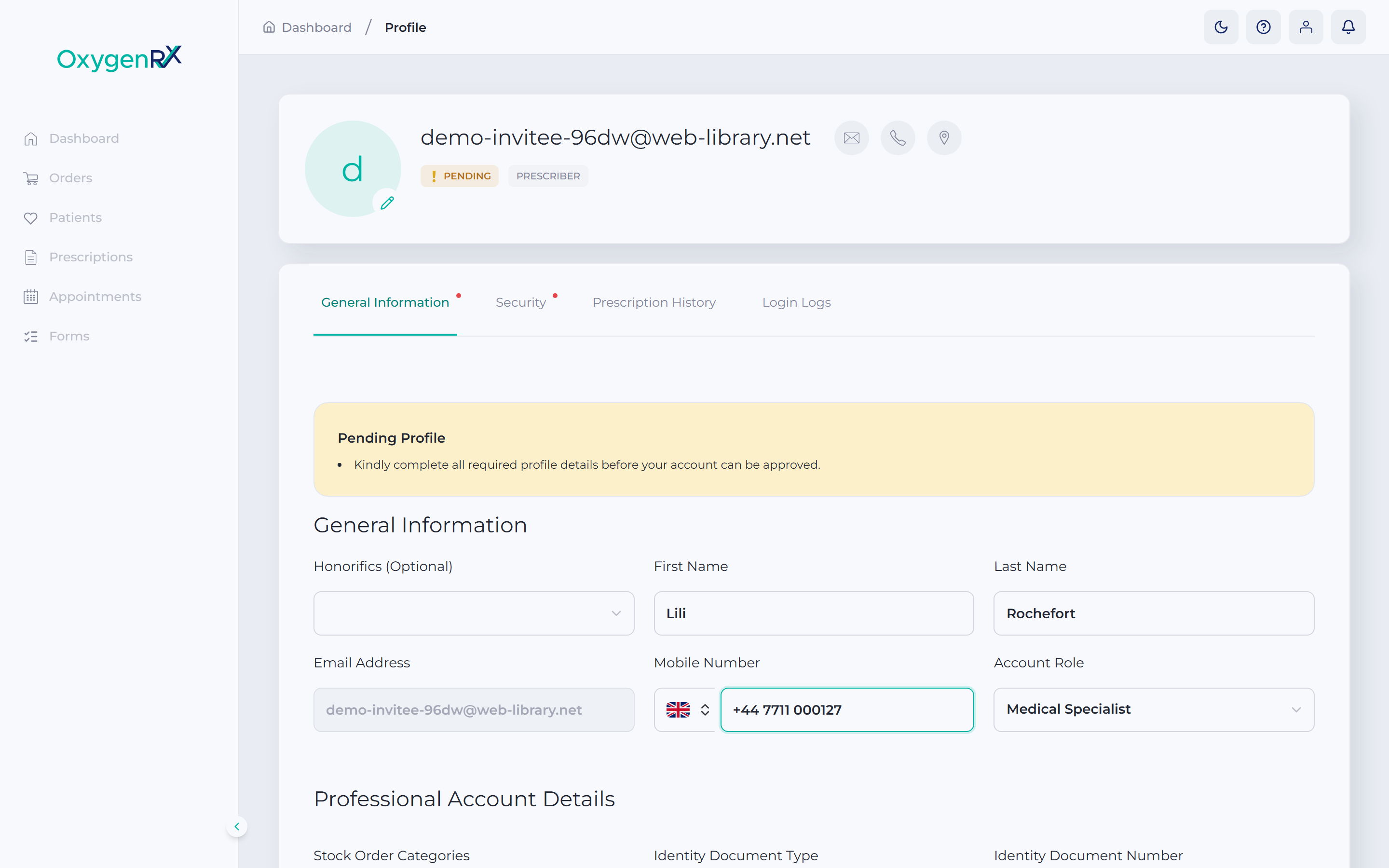the profile page with name and mobile number boxes filled in