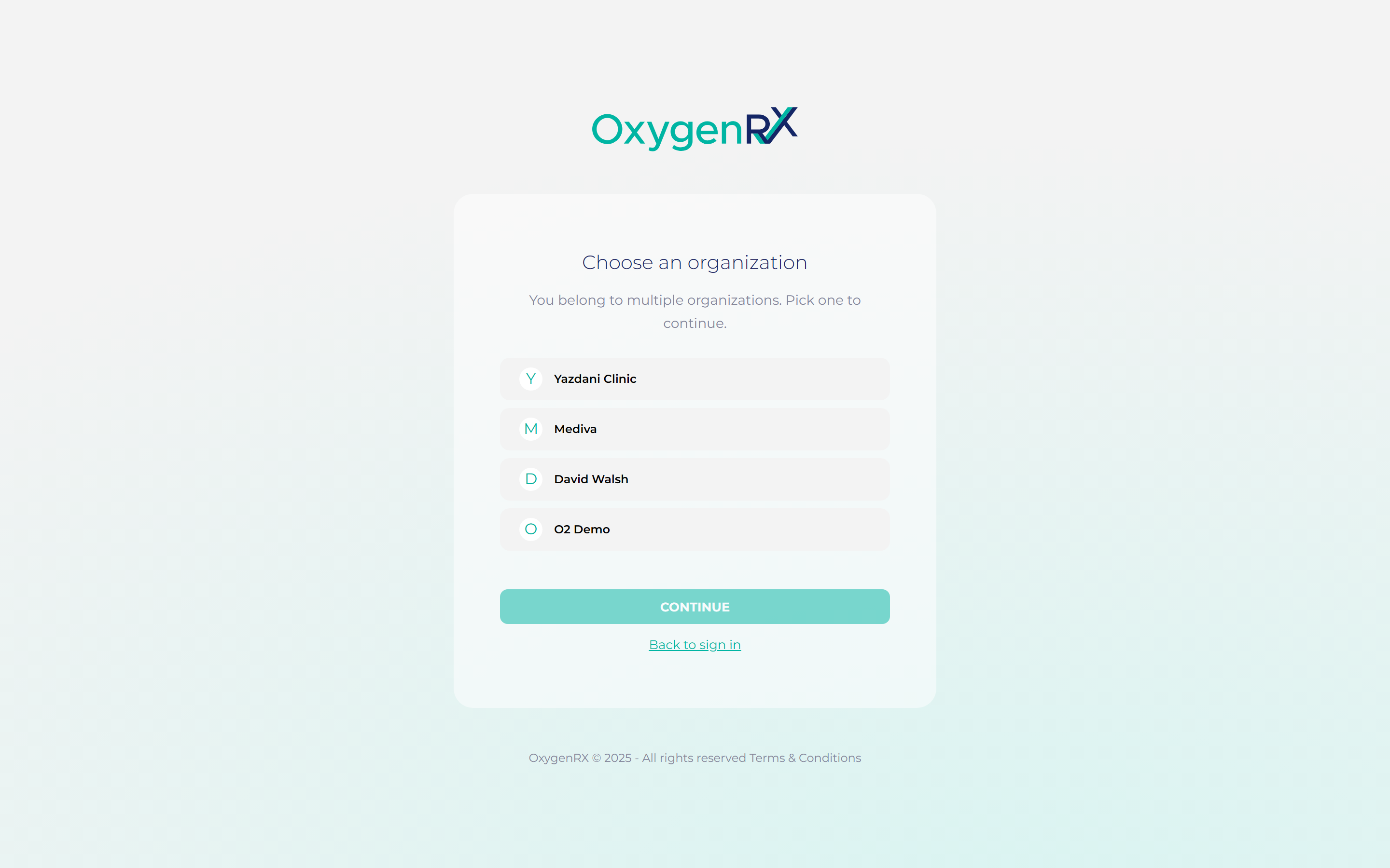 the Choose an organization screen with several organization rows