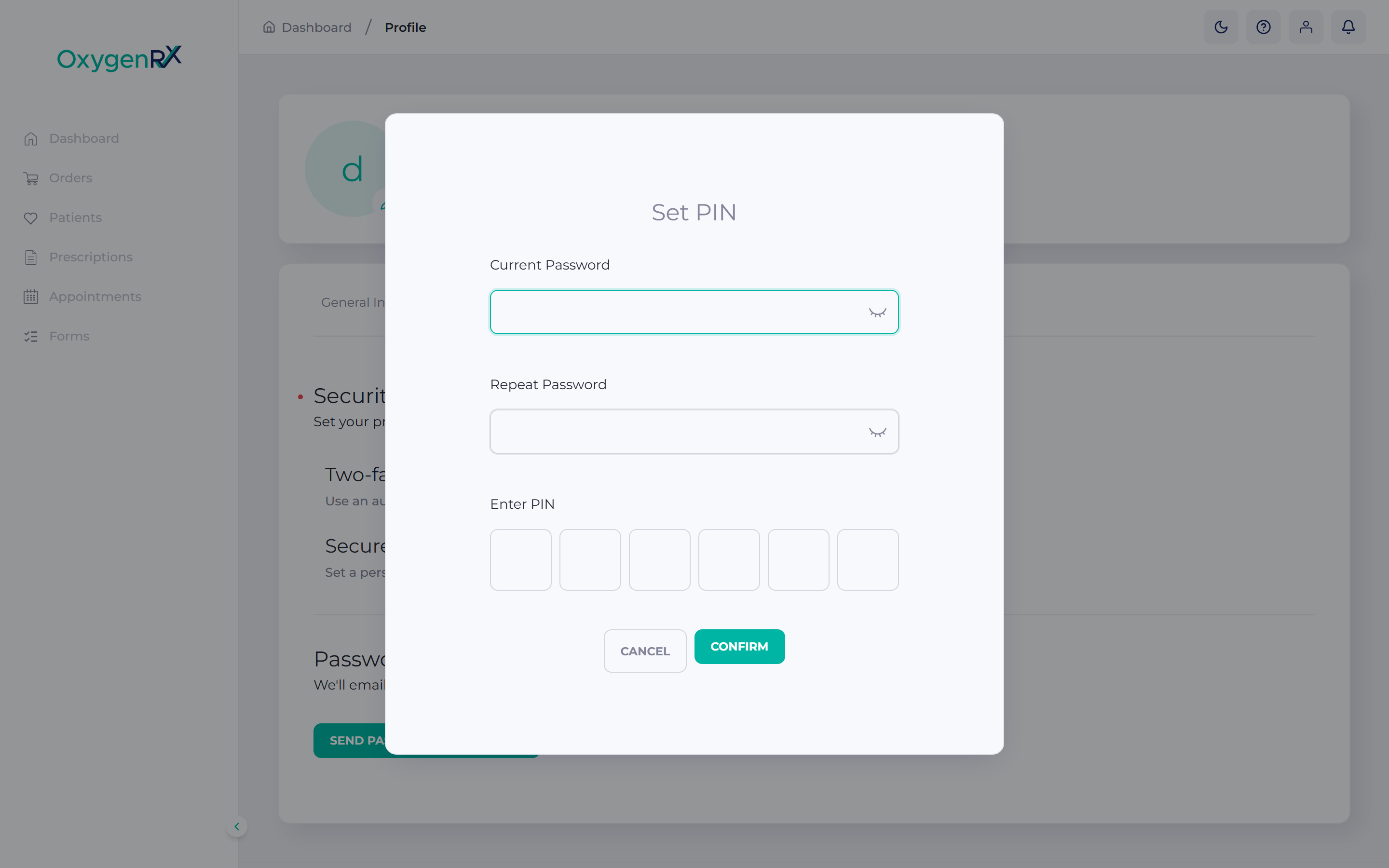 the Set PIN small window with Current Password, Repeat Password, and PIN boxes