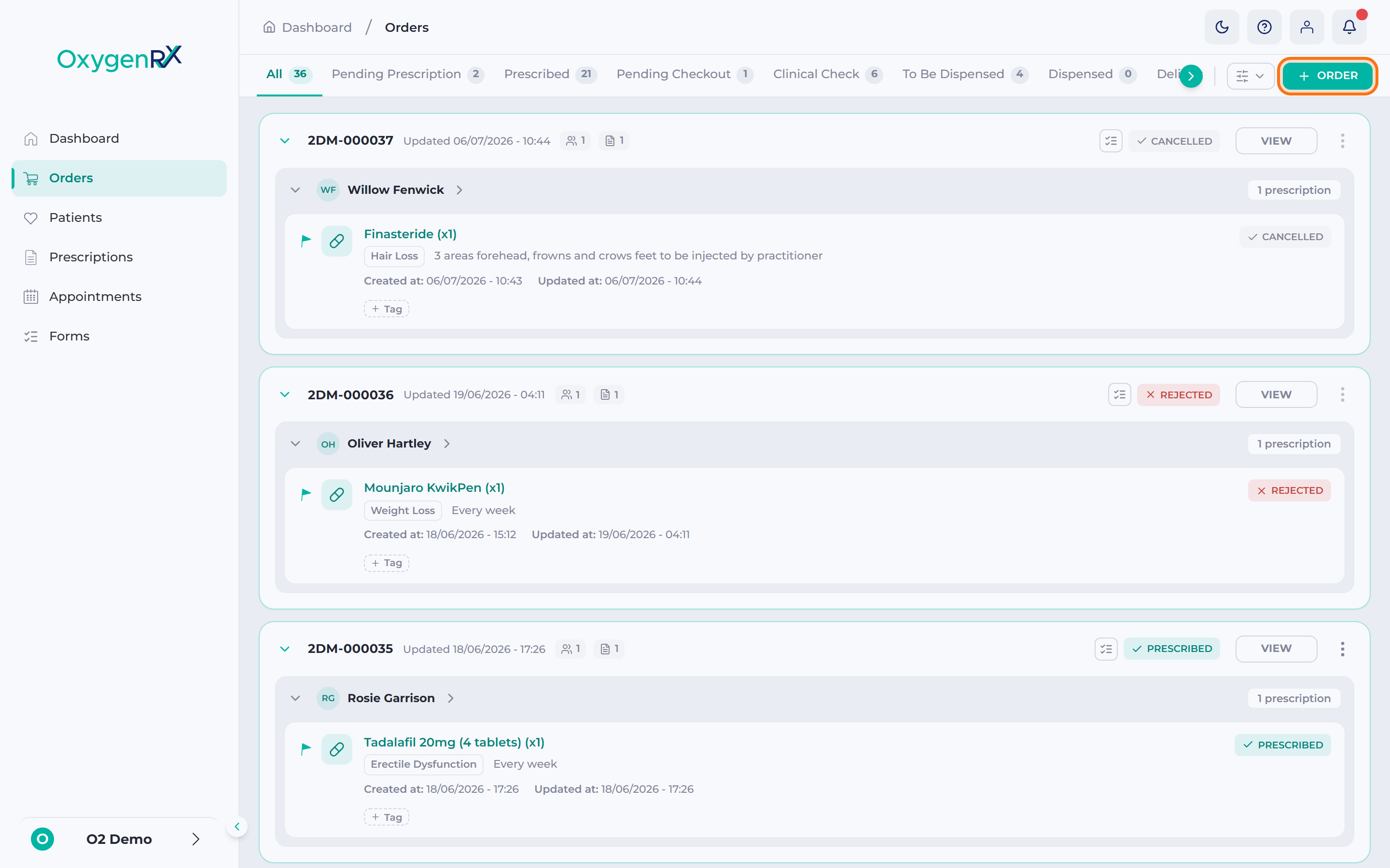 The Orders screen with the + Order button highlighted.