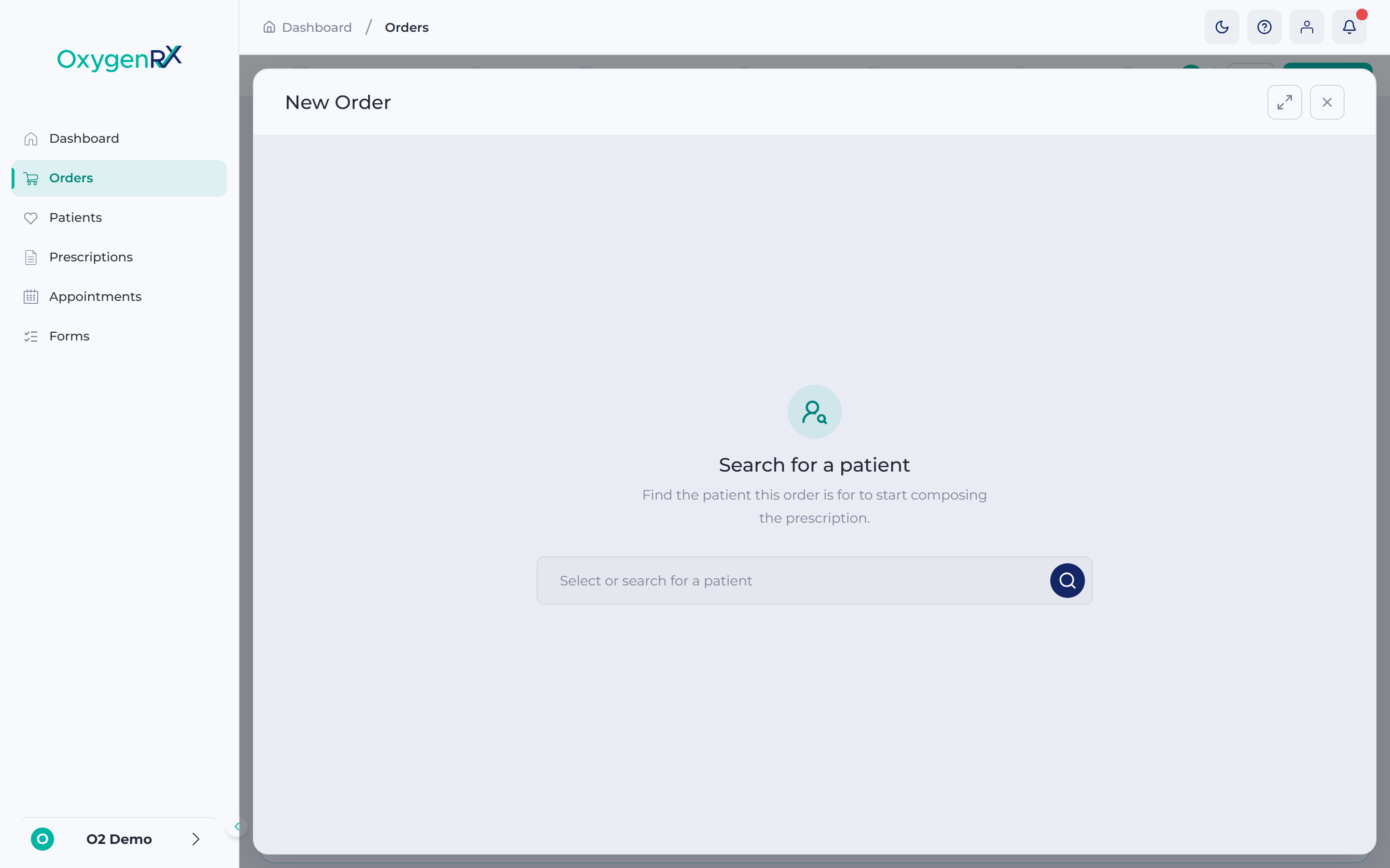 The New Order window with the patient search box.