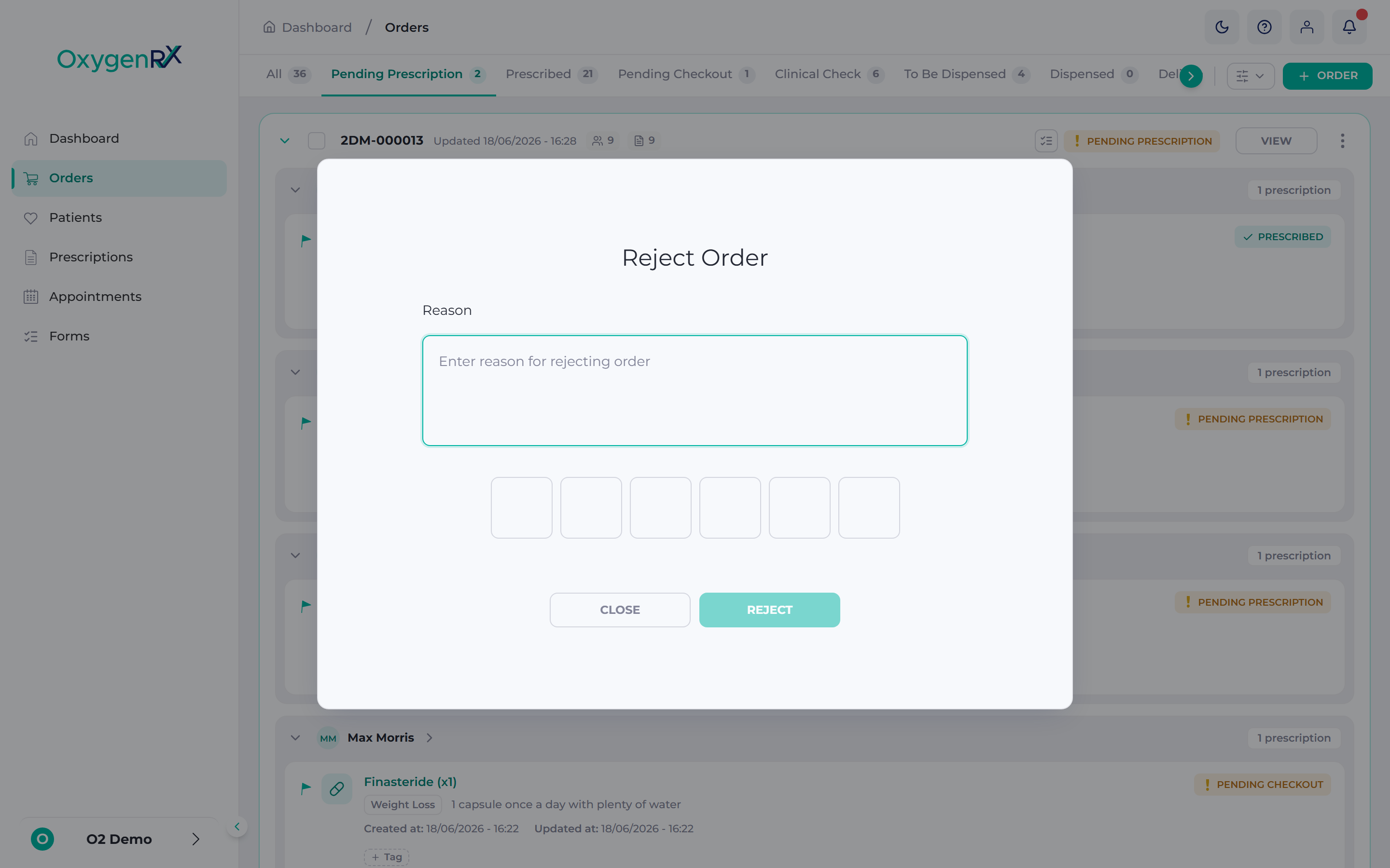 The Reject Order window with the Reason box.