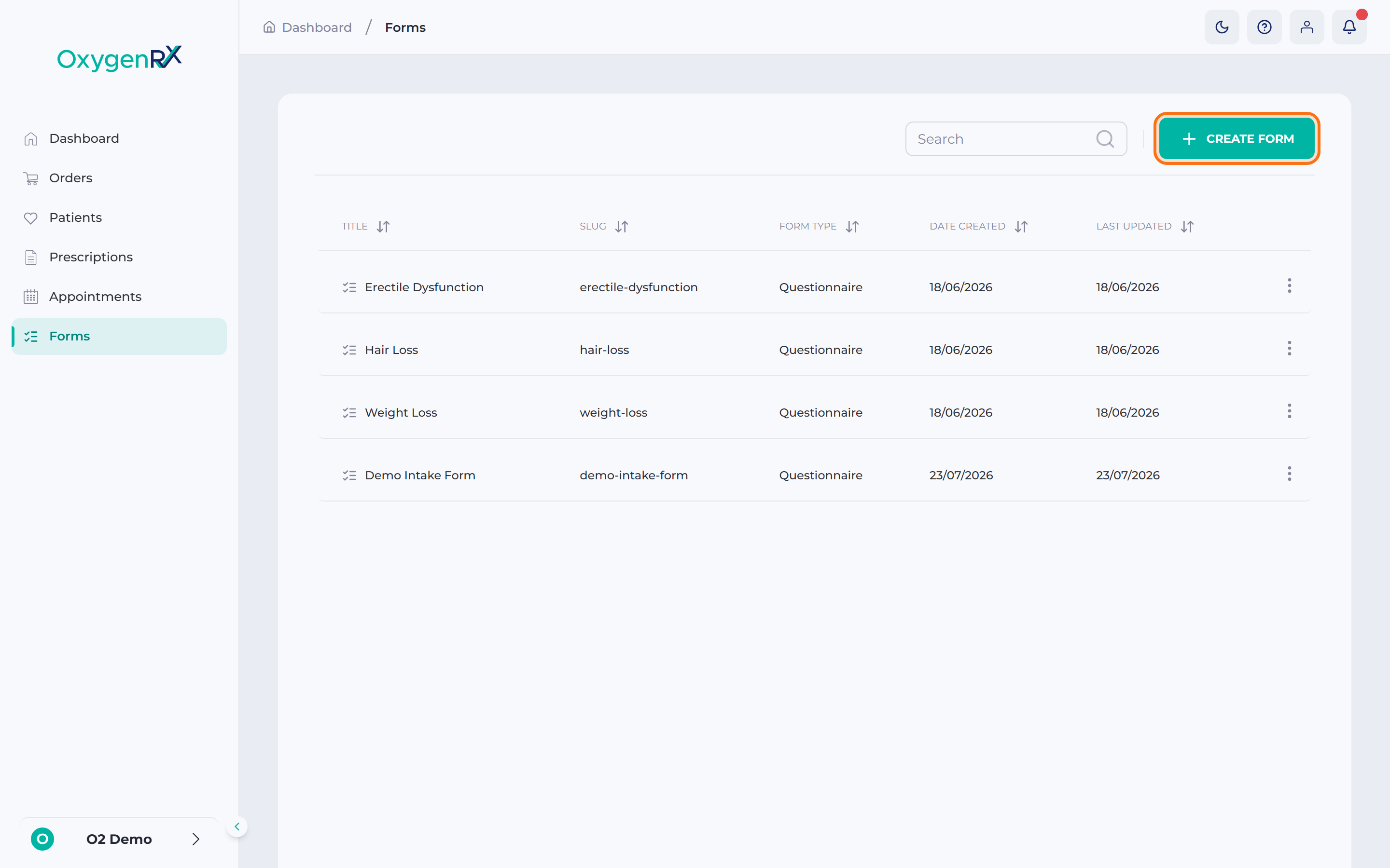 the Organization Forms list with the Create Form button