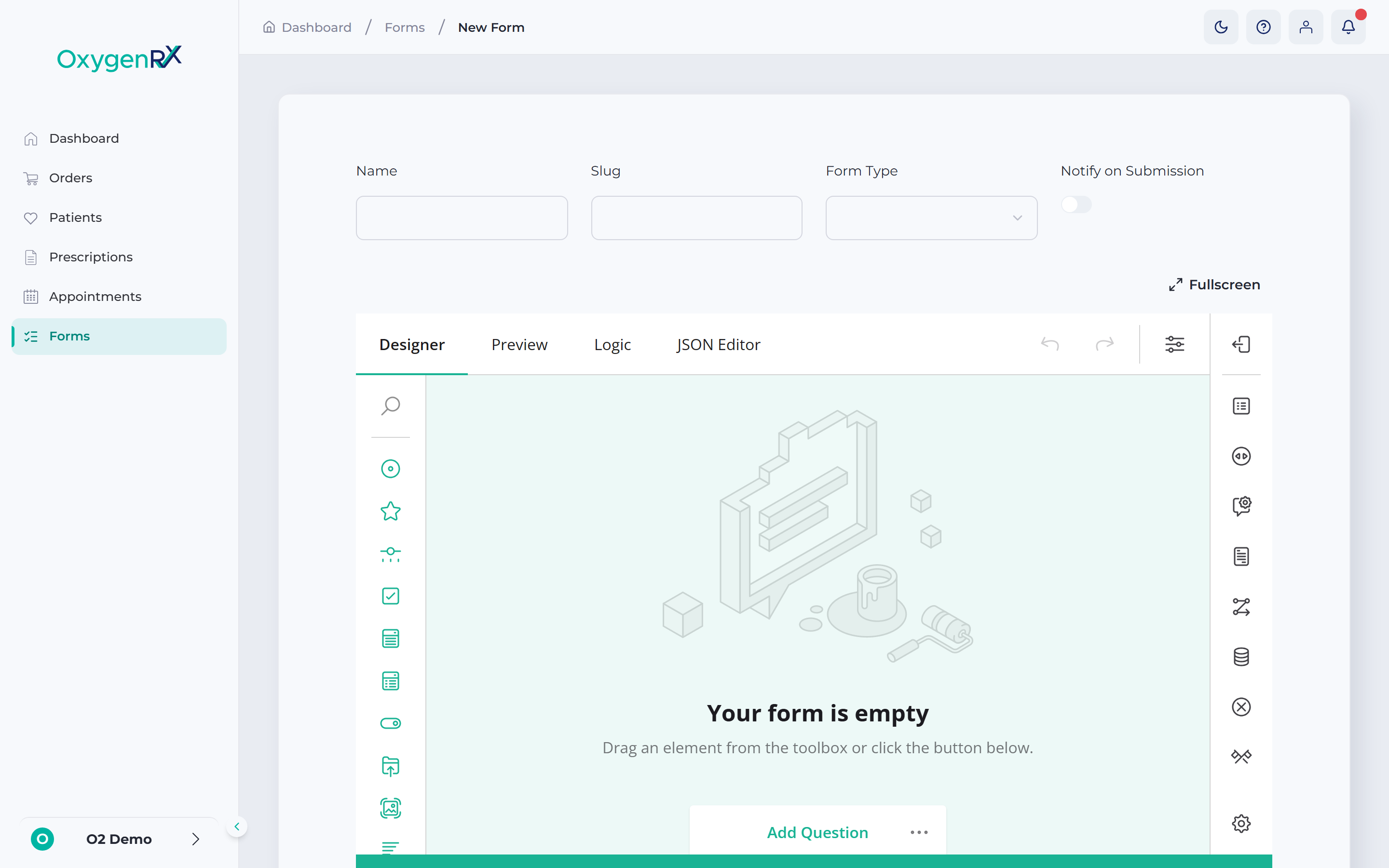 the Form Builder Designer tab with the Toolbox and canvas