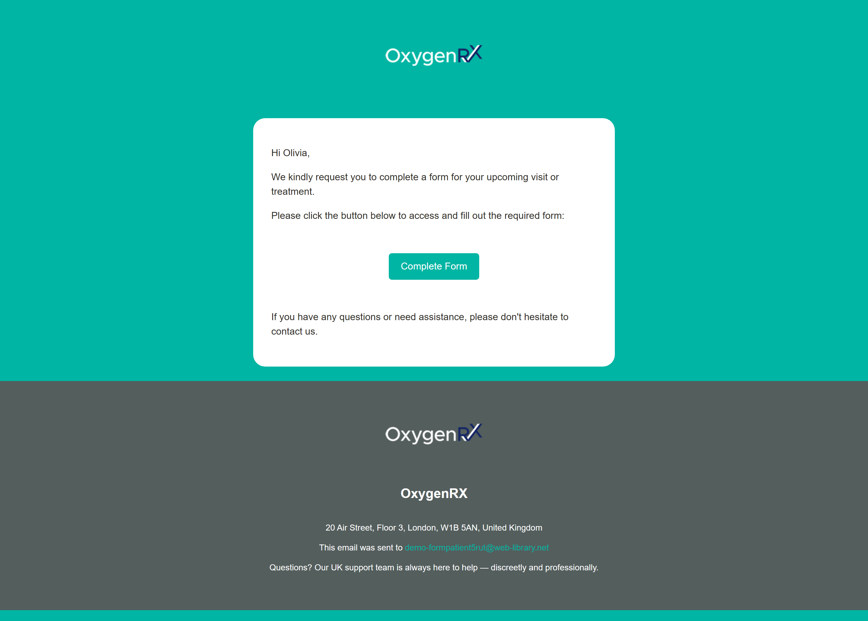 the patient's email with the Complete Form button