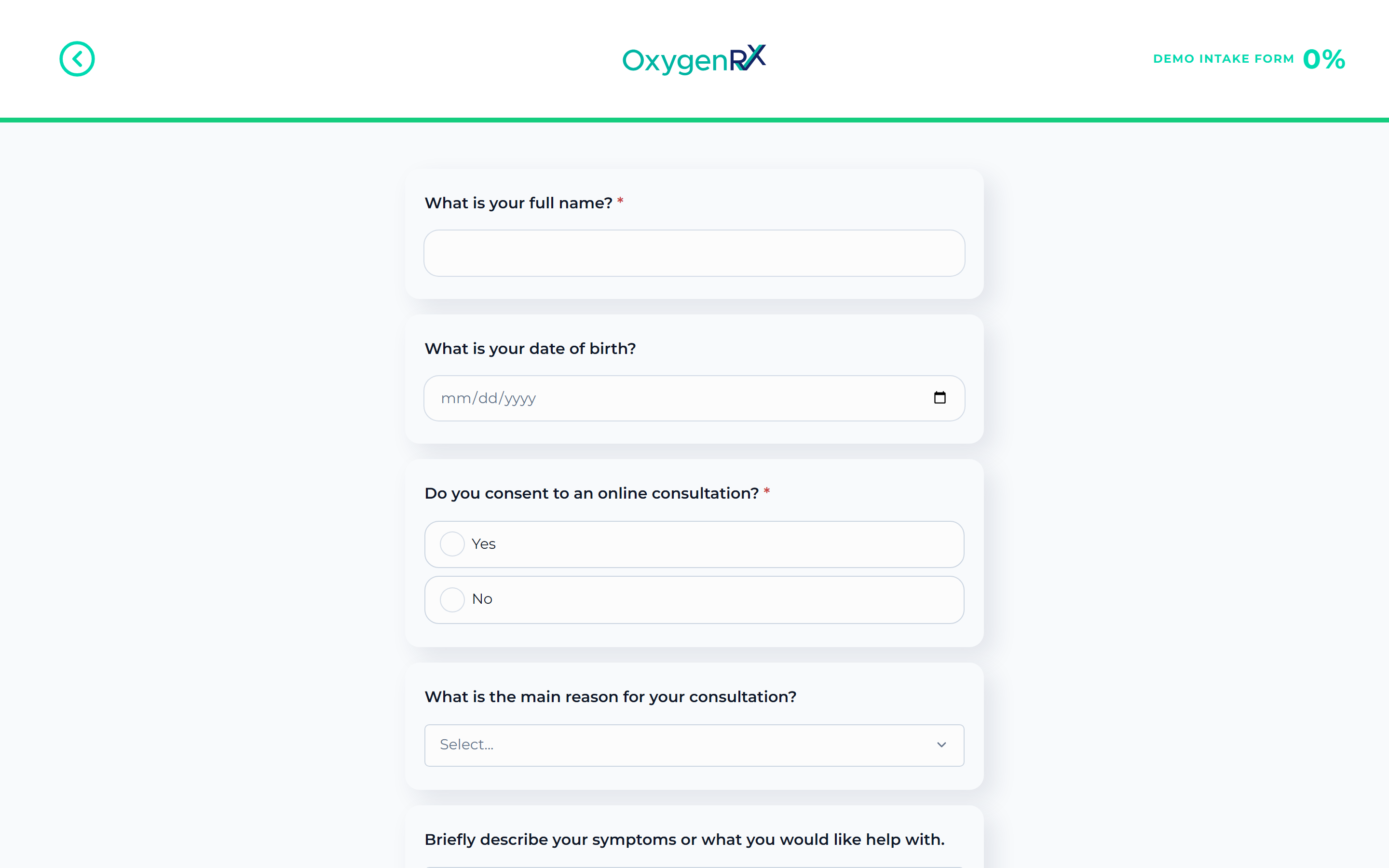 the form header showing logo, progress bar, and first question