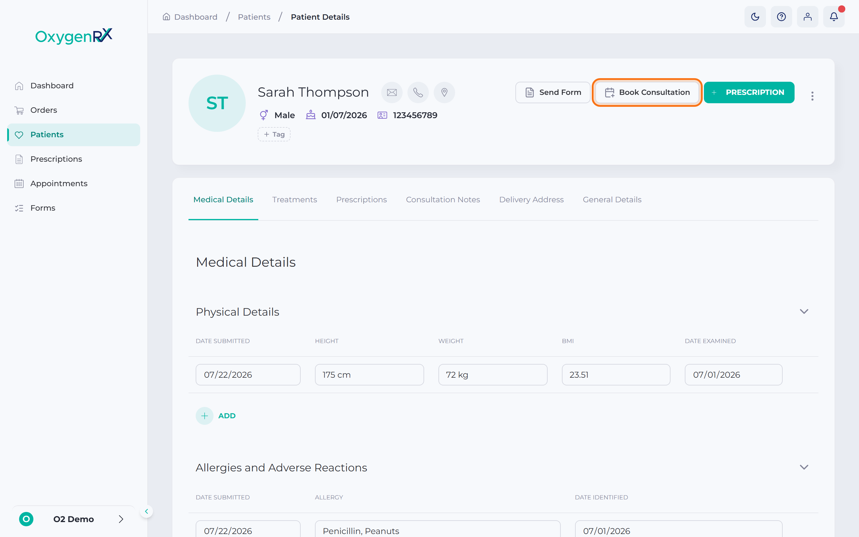 Patient record with the Book Consultation button highlighted