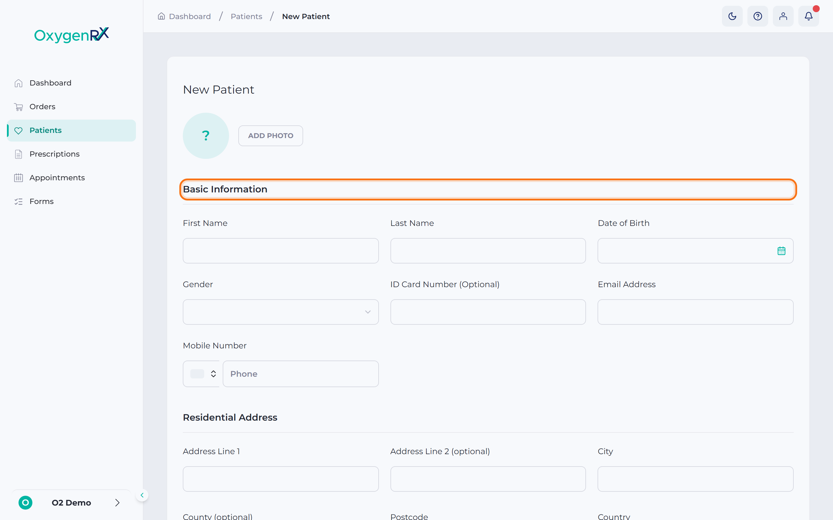 Basic Information section of the New Patient screen