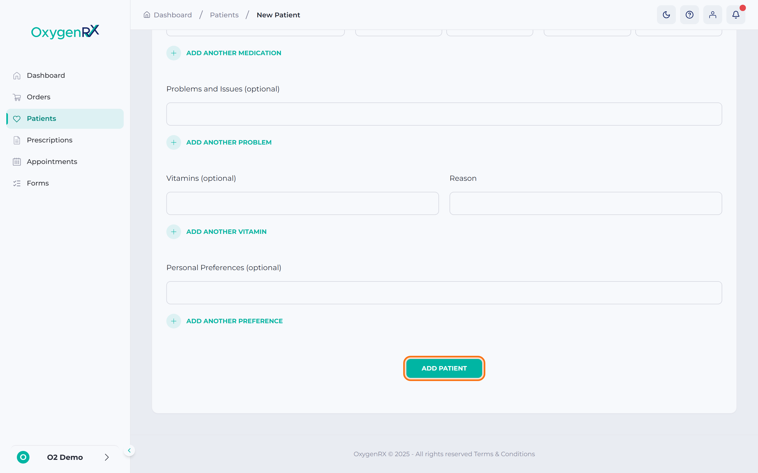 Completed New Patient screen with the Add Patient button highlighted