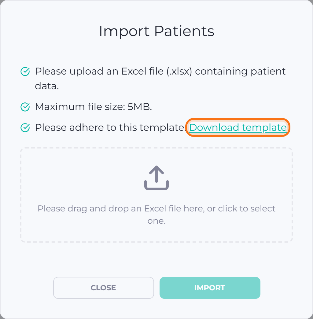 Import Patients window showing the requirements and Download template link