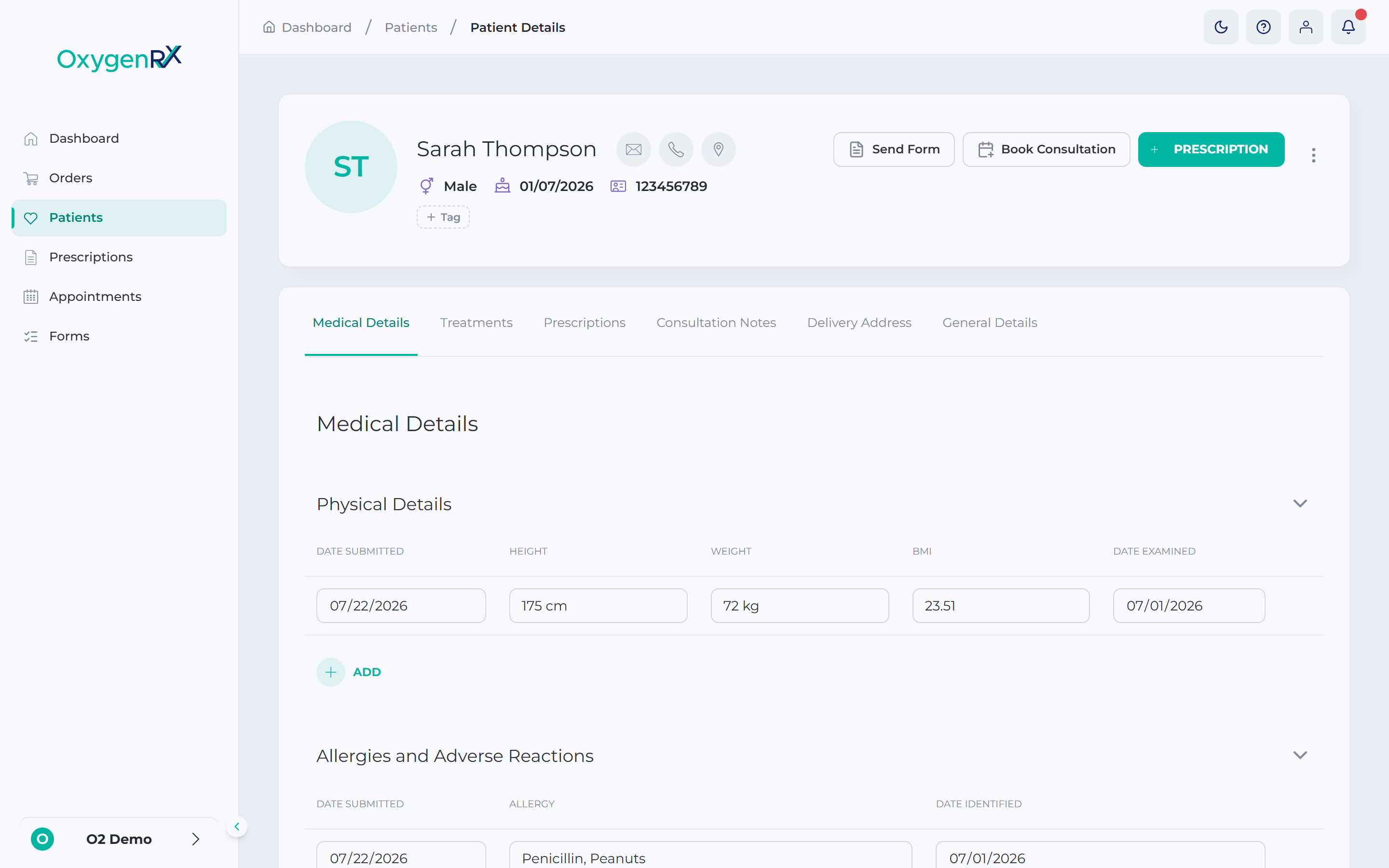 Top of a patient record showing the info card and action buttons