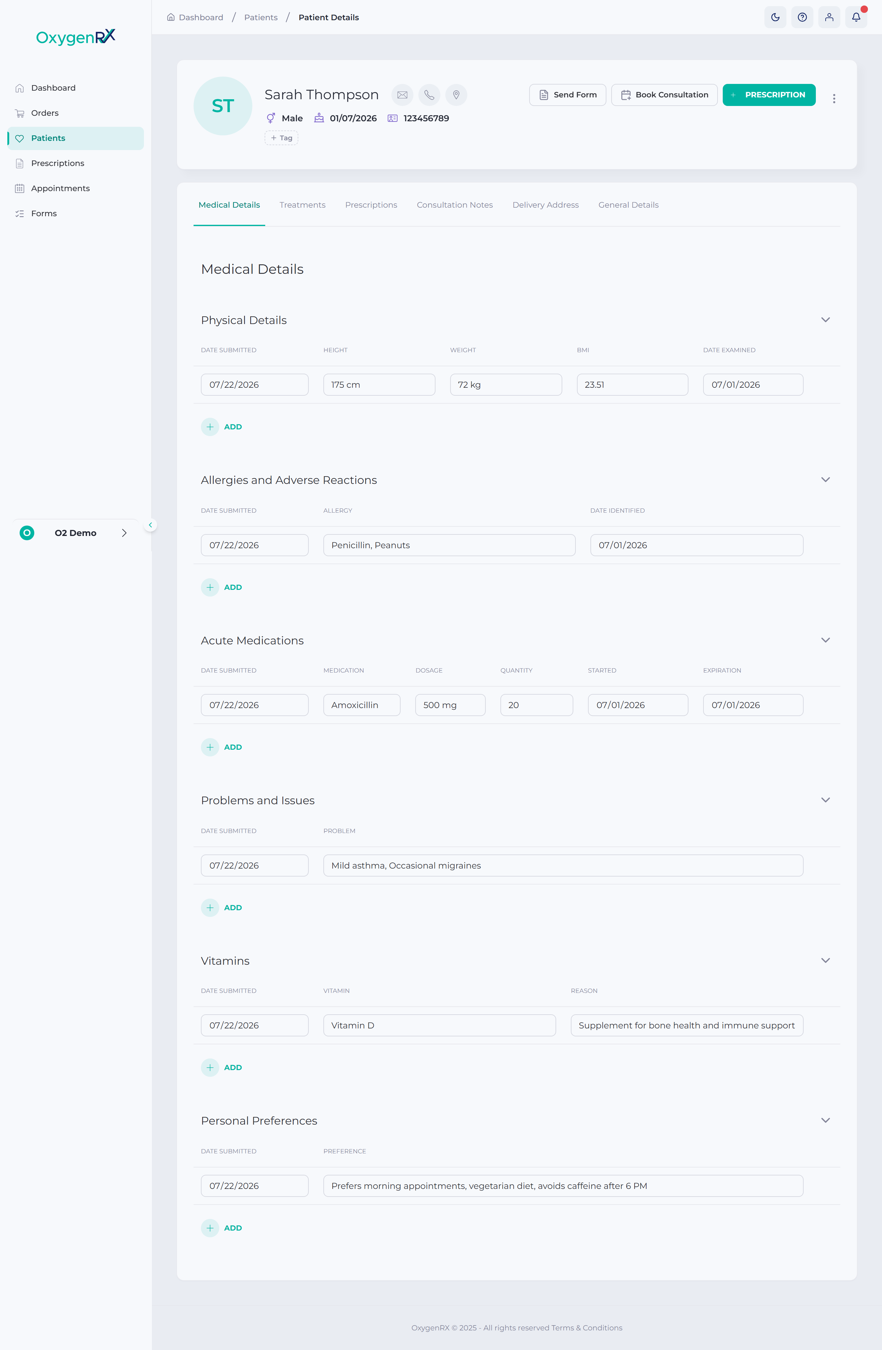 Medical Details tab with its collapsible sections