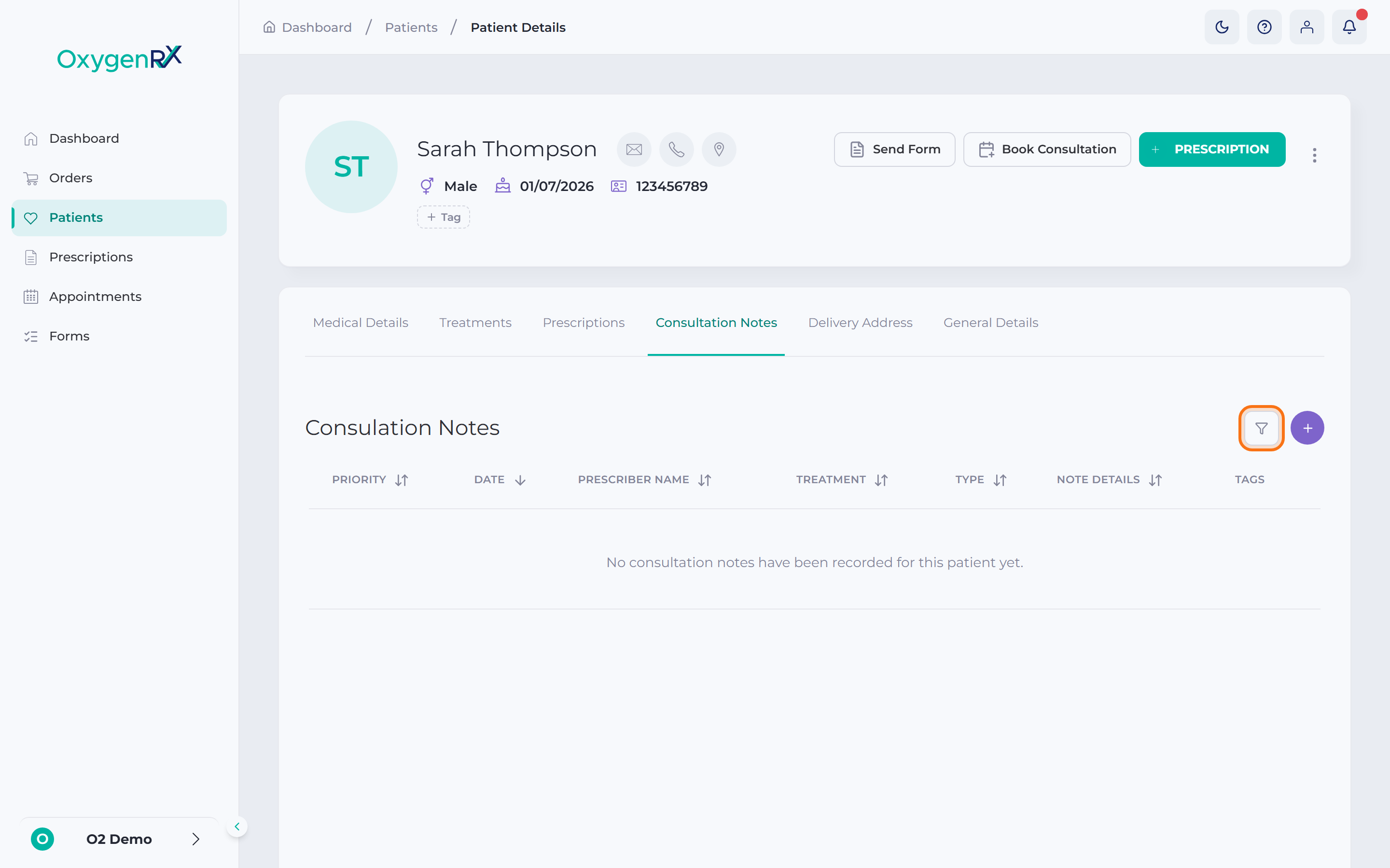 Consultation Notes tab with the add-note button