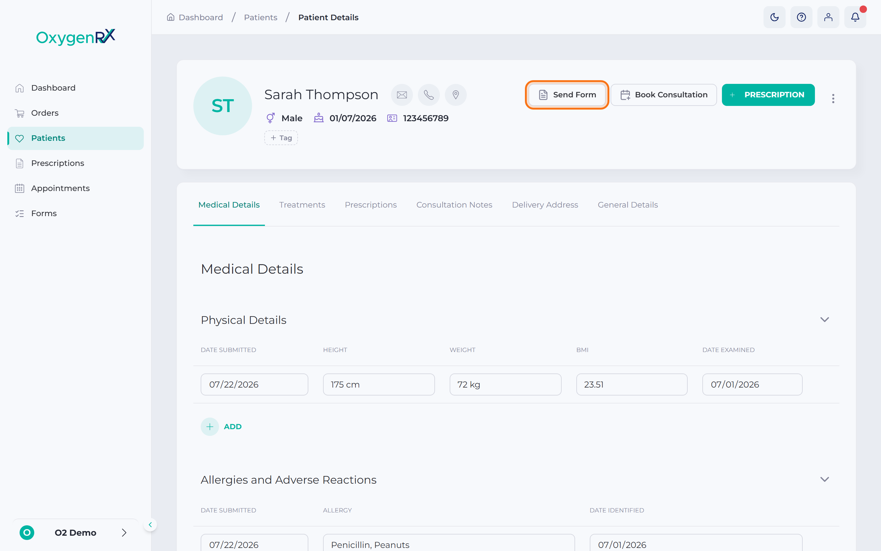 Patient record with the Send Form button highlighted