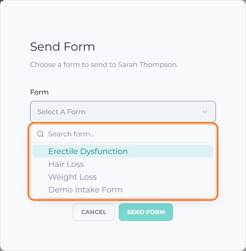 Send Form window showing the form search list