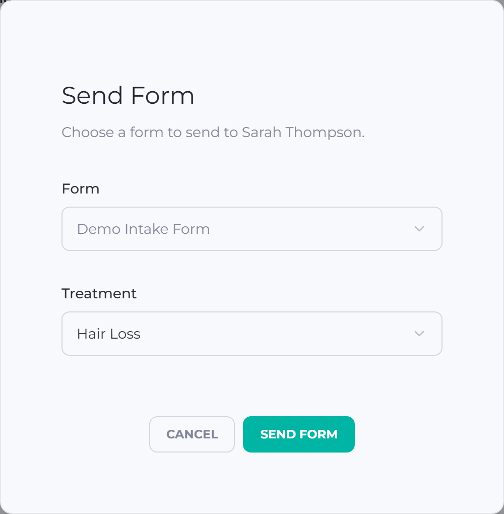 Send Form window with a form and treatment chosen, ready to send