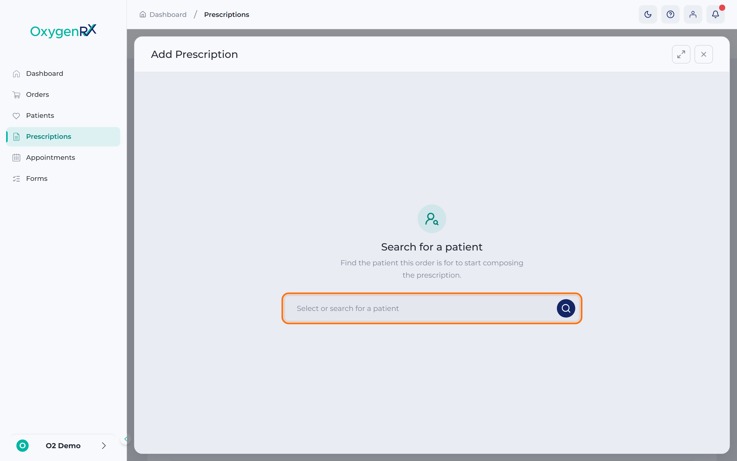 the Add Prescription panel with the patient search box open.