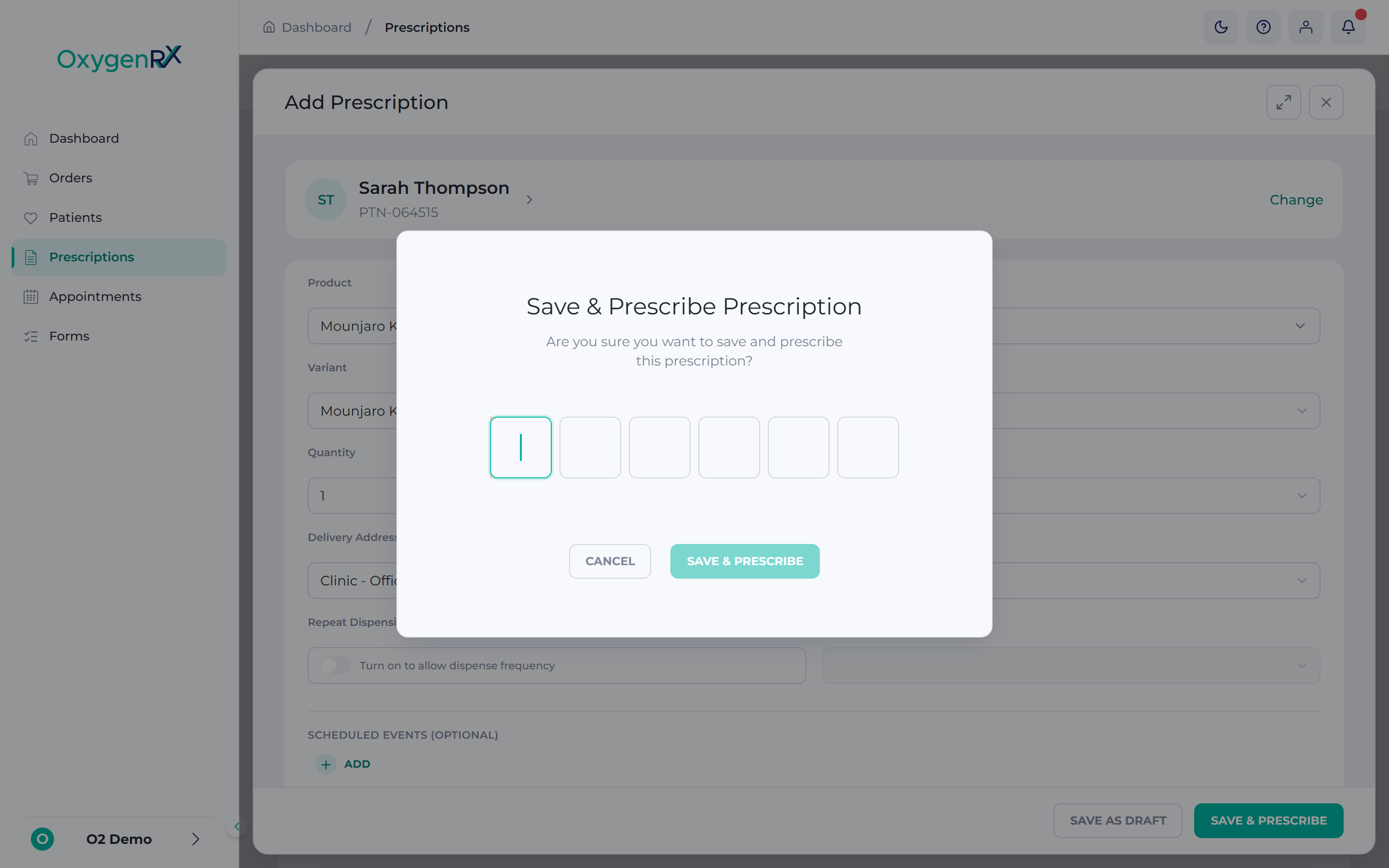 the Save & Prescribe Prescription confirmation window with the Secure PIN box.