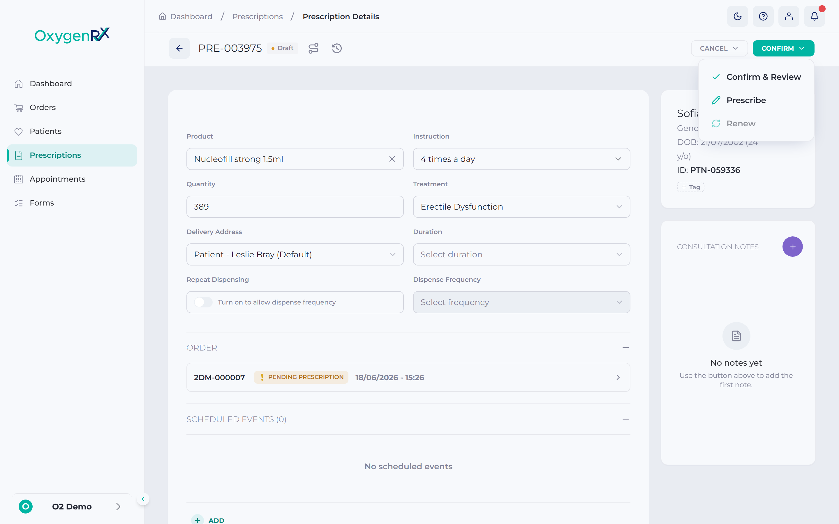 the Confirm menu open, showing the Renew option.