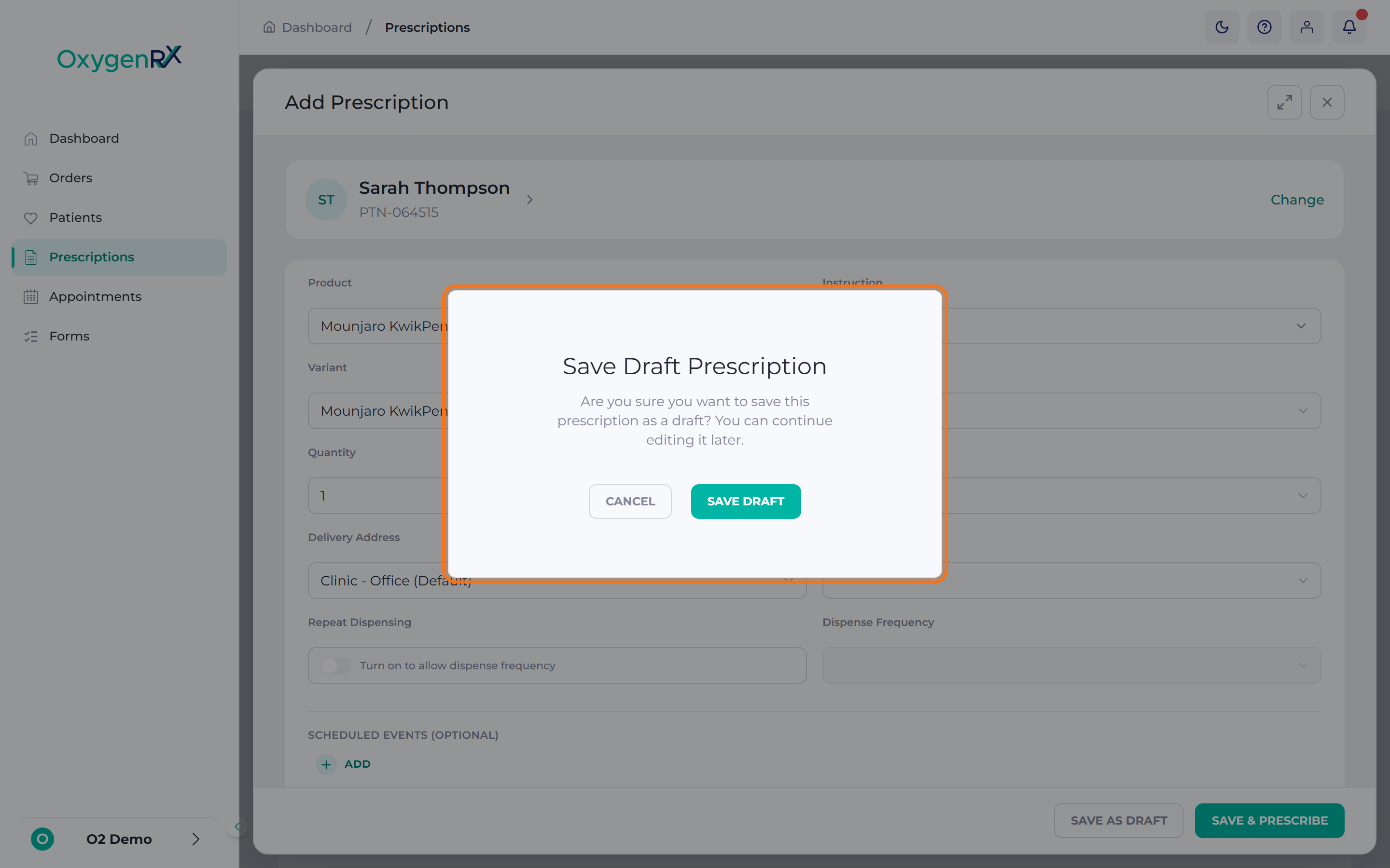 the Save Draft Prescription confirmation window.