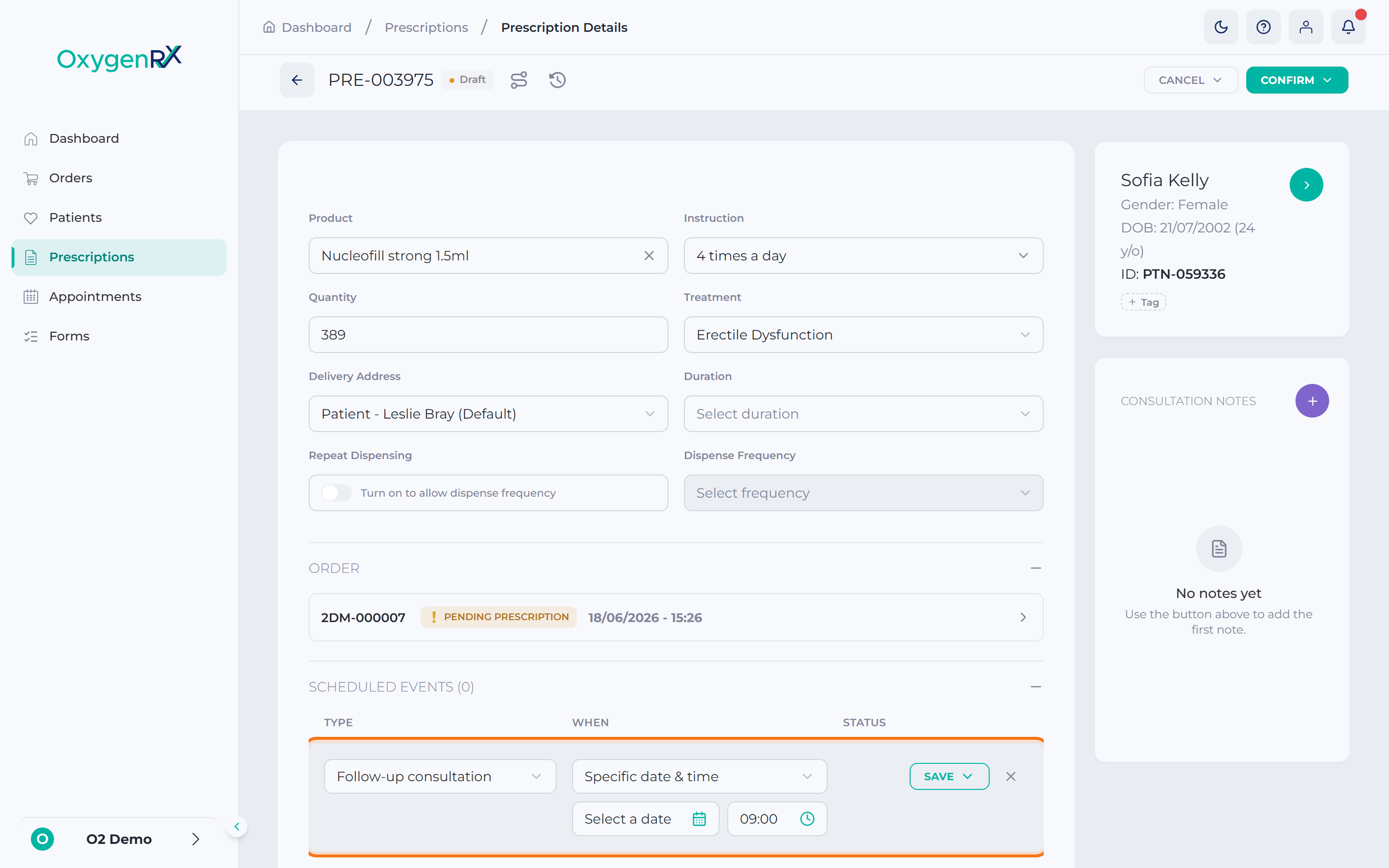 the Scheduled Events section with the inline editor row open, showing Type and When boxes.