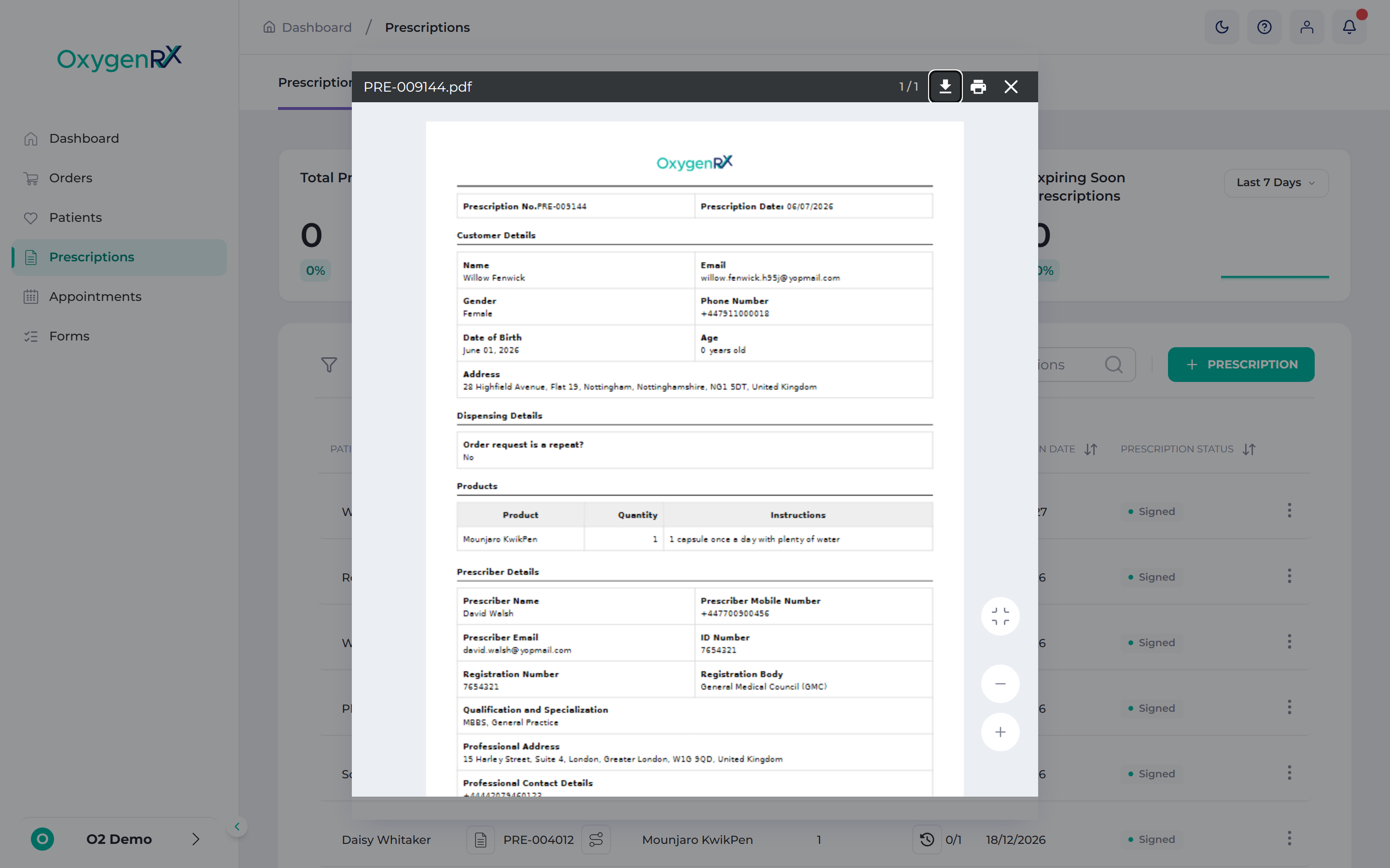 the PDF viewer showing the prescription document, page controls, and zoom buttons.