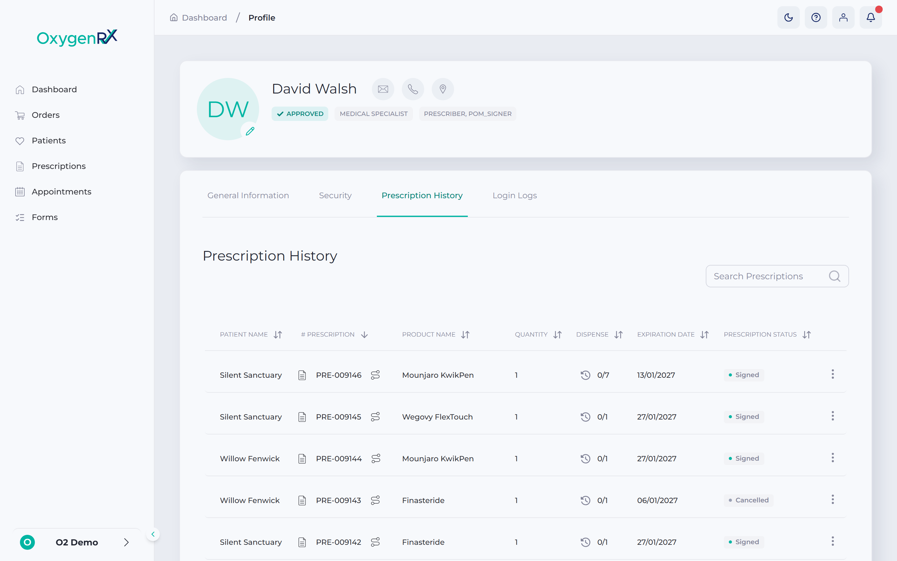 the Prescription History tab showing the table of past prescriptions