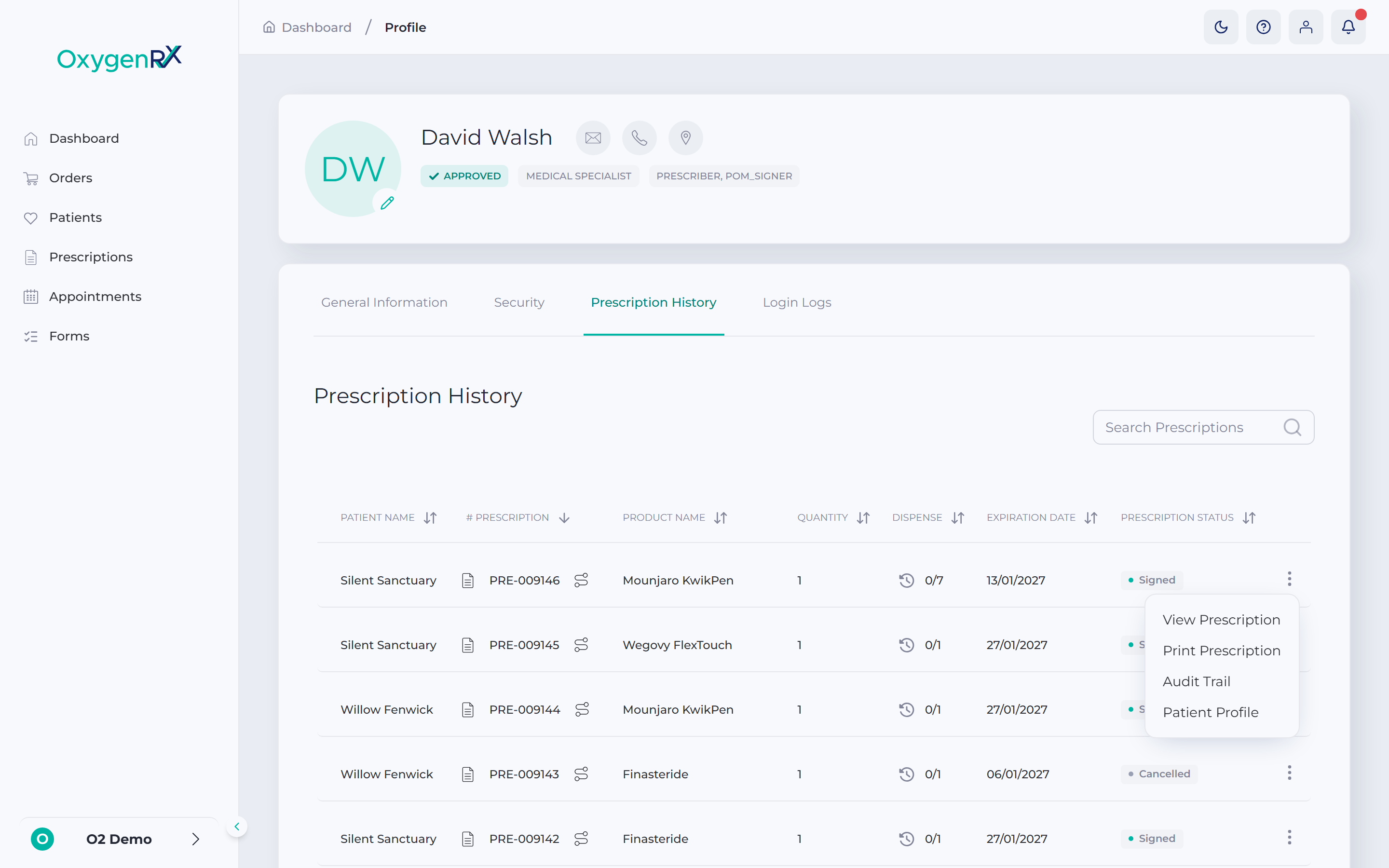 a prescription row's actions menu open, showing View Prescription, Print Prescription, Audit Trail, and Patient Profile