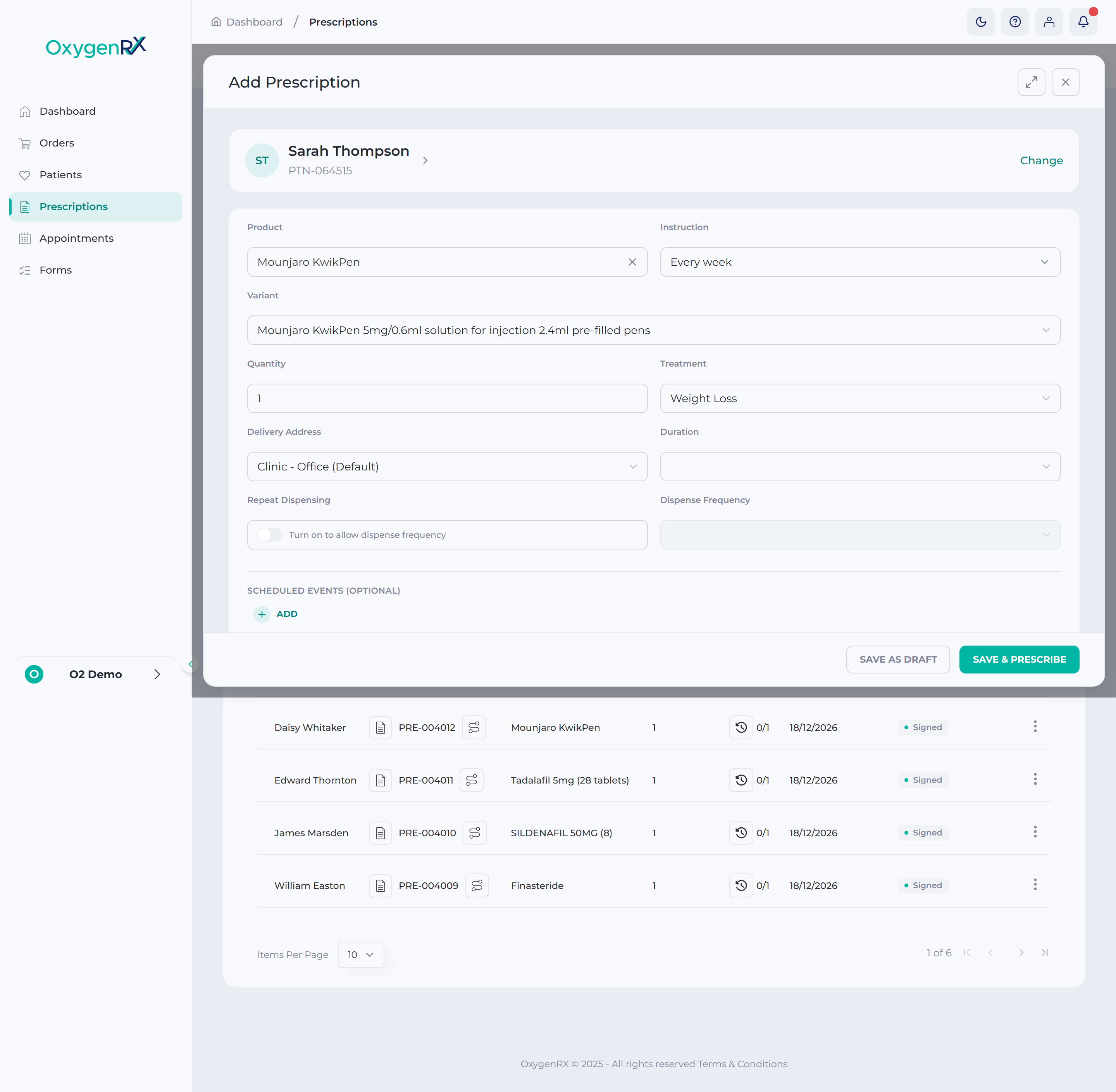 Prescription detail page showing the Save as Draft and Save & Prescribe buttons