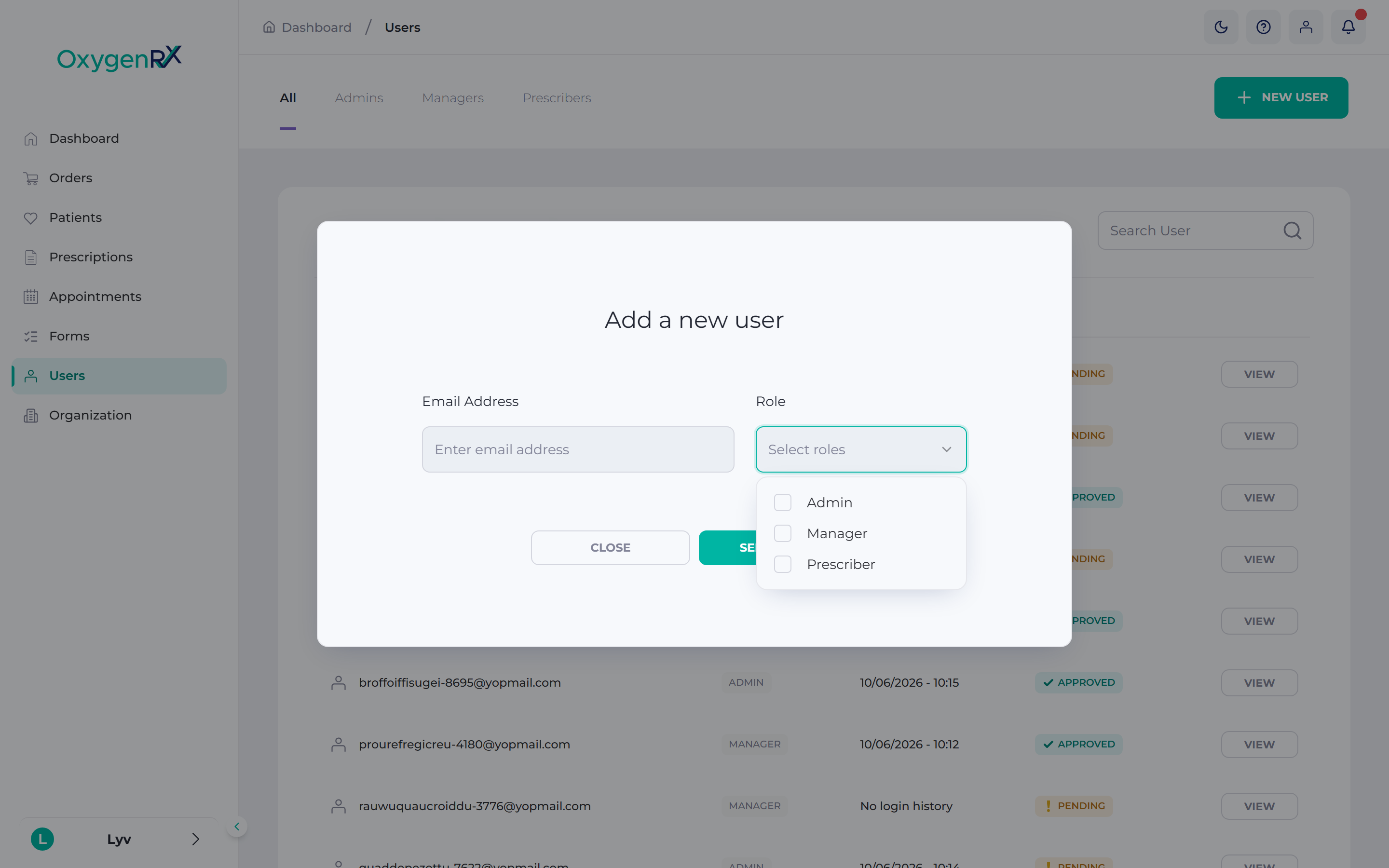 Users screen showing the role list of choices when inviting or editing a user