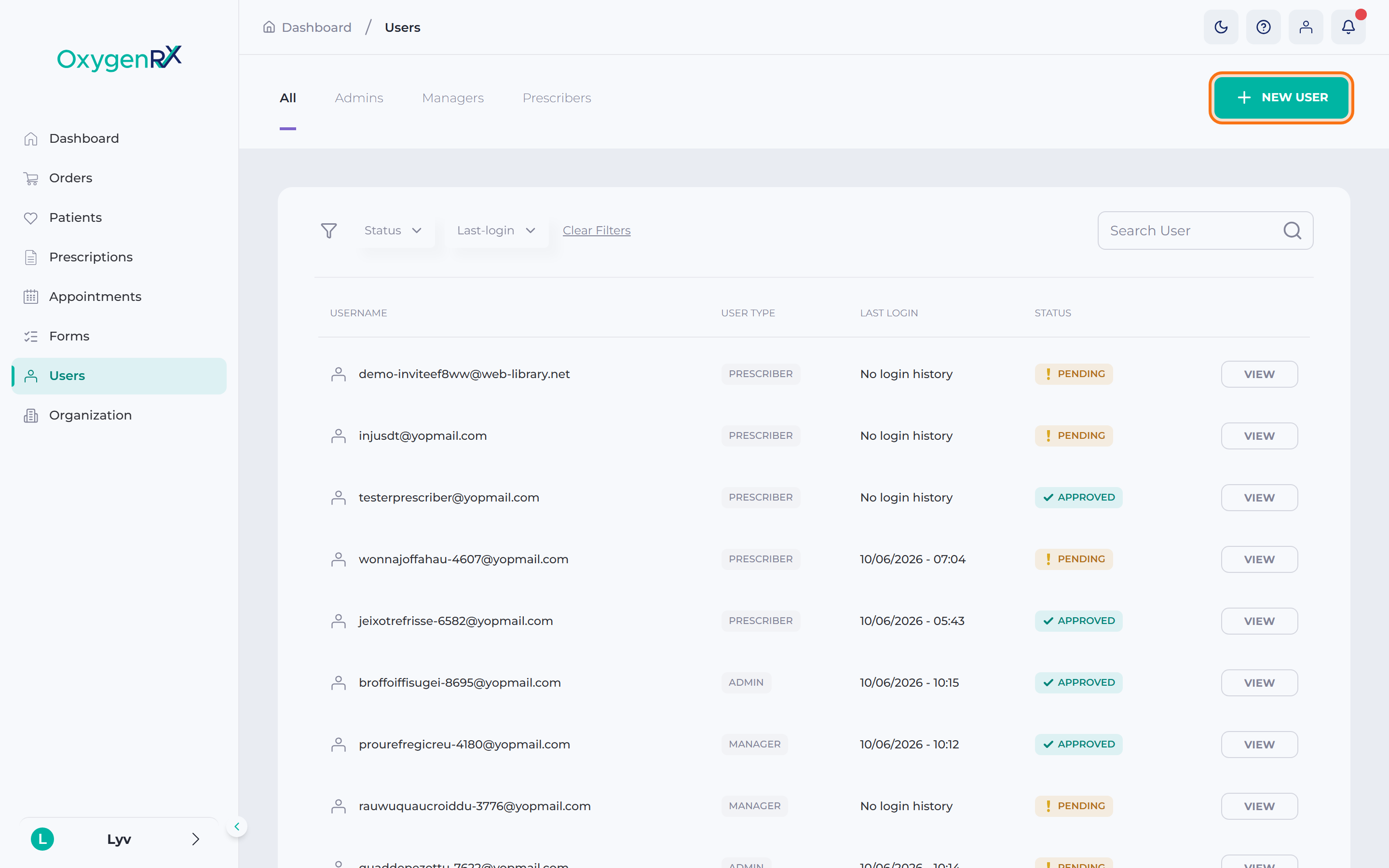 the Users list with the New User button highlighted