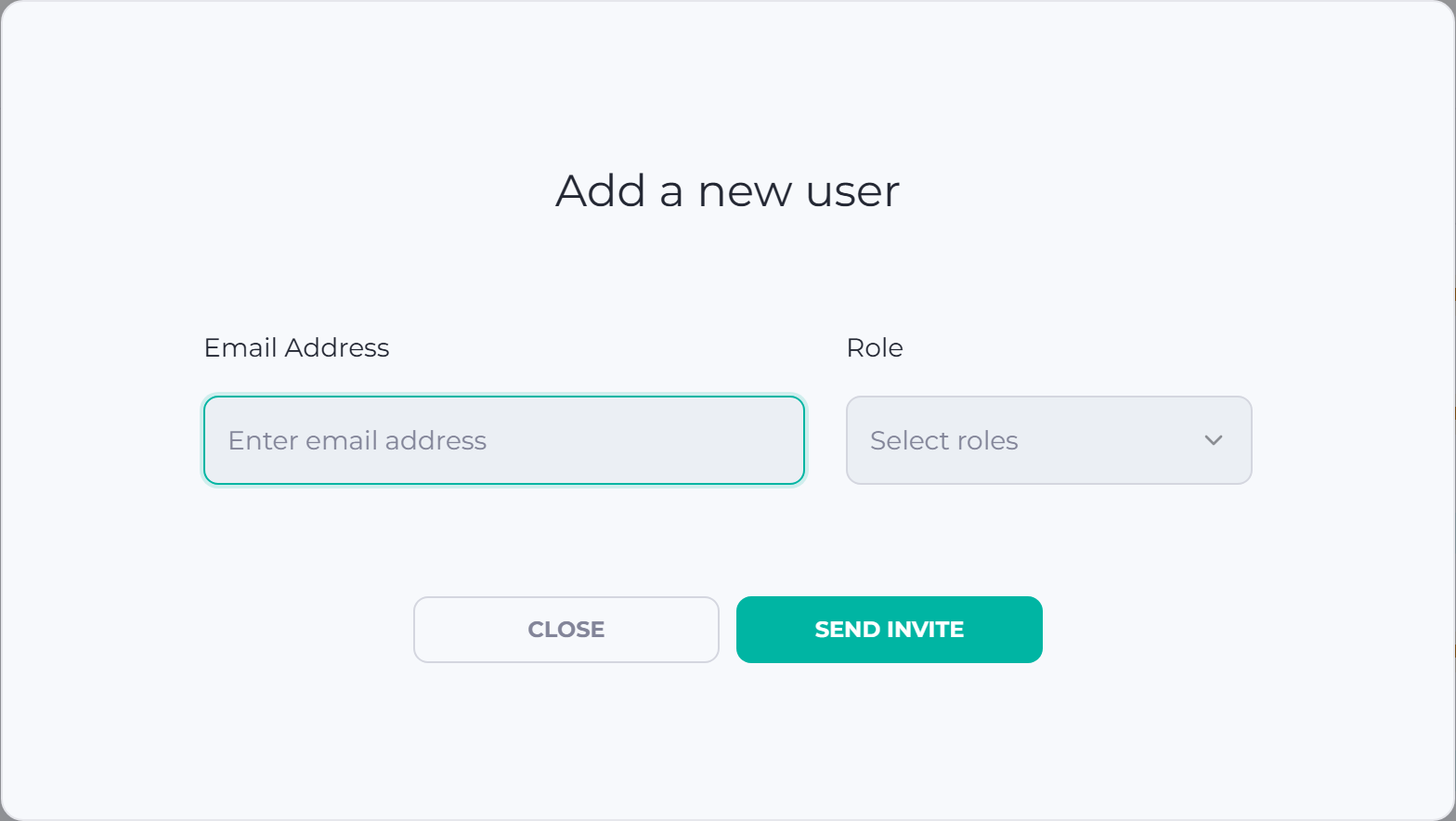 the Add a new user window with the Email Address box and Select roles list