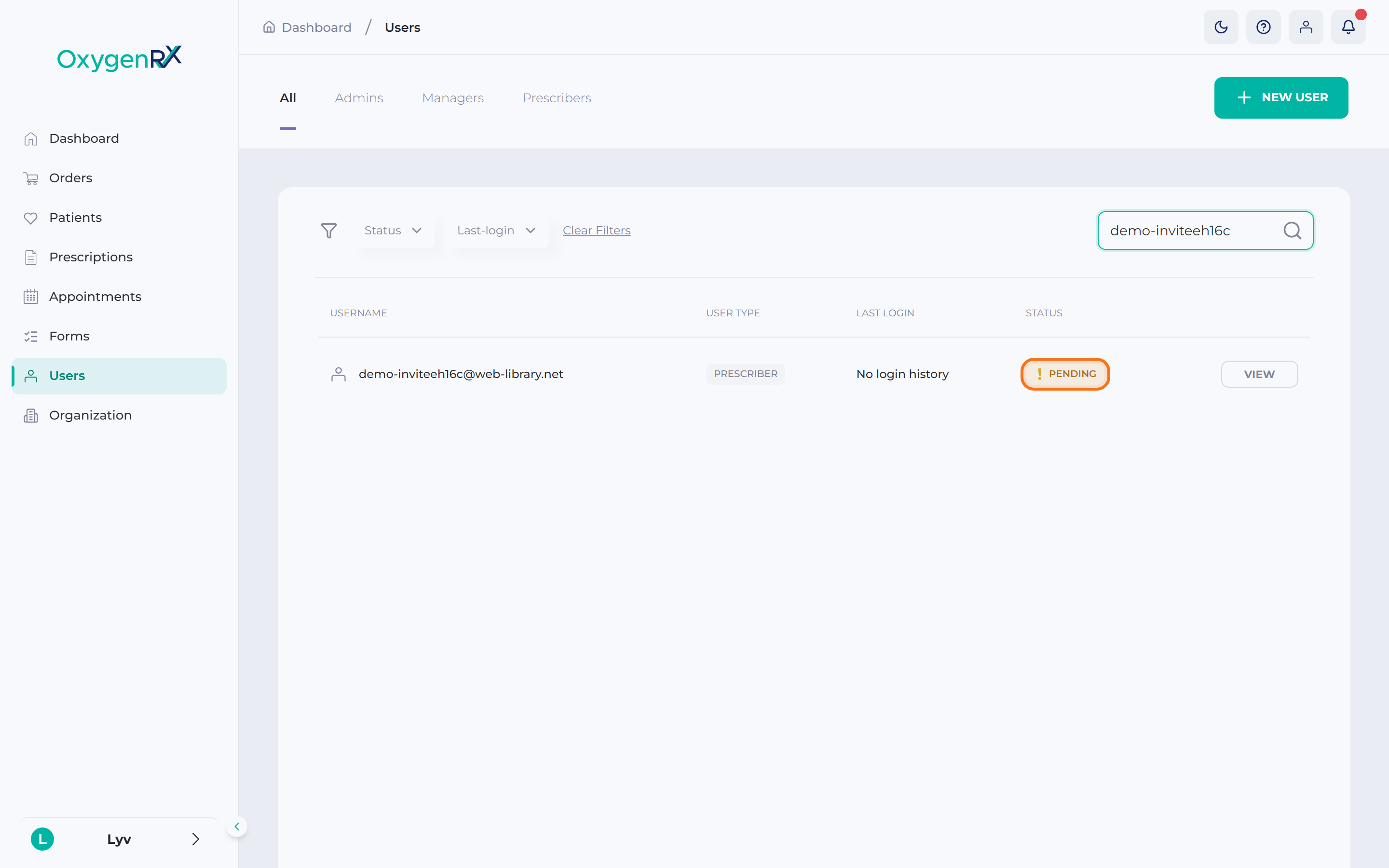 the Users list showing the new row with PENDING status