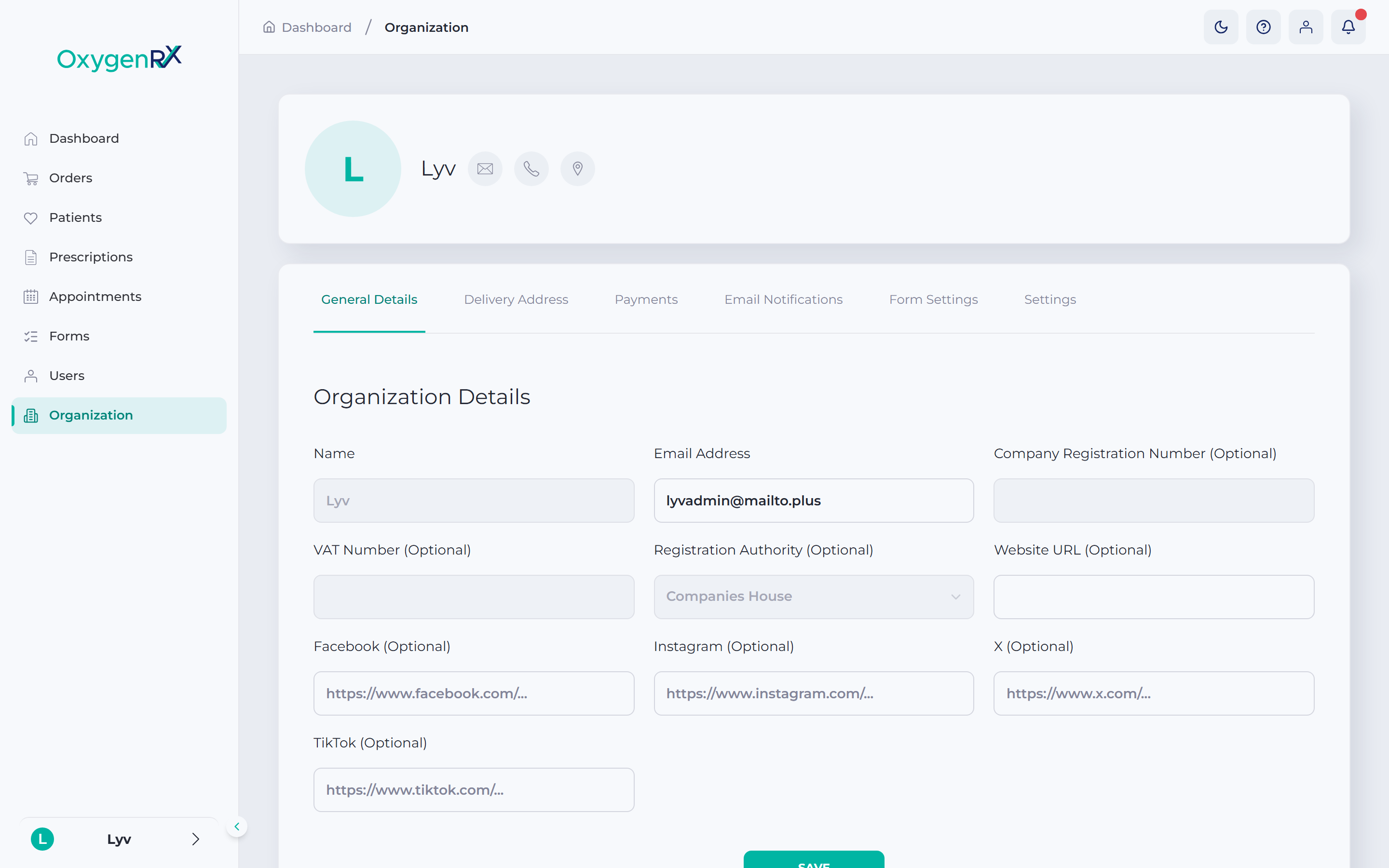the Organization page header and tab bar