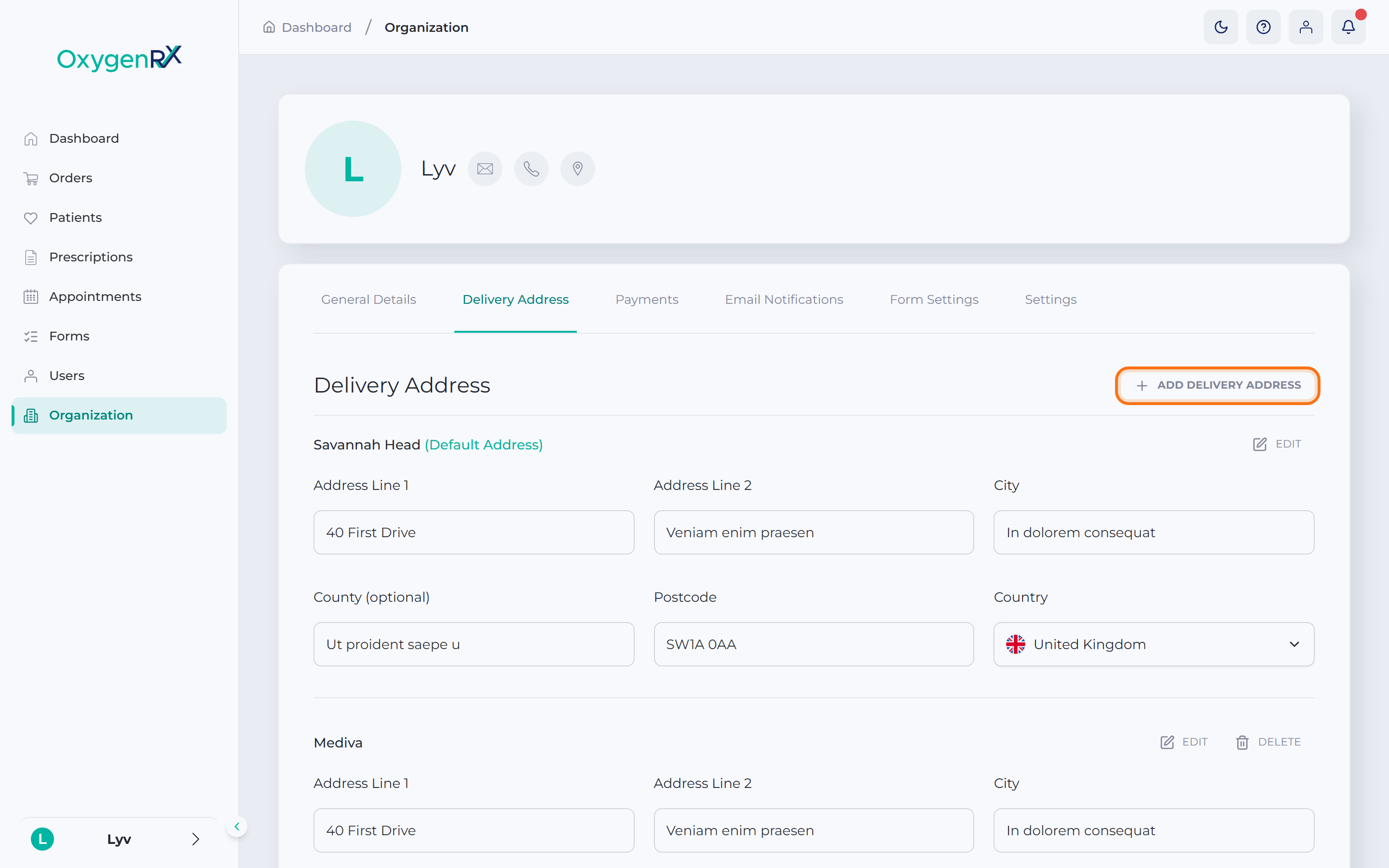 the Delivery Address list with the Add Delivery Address button