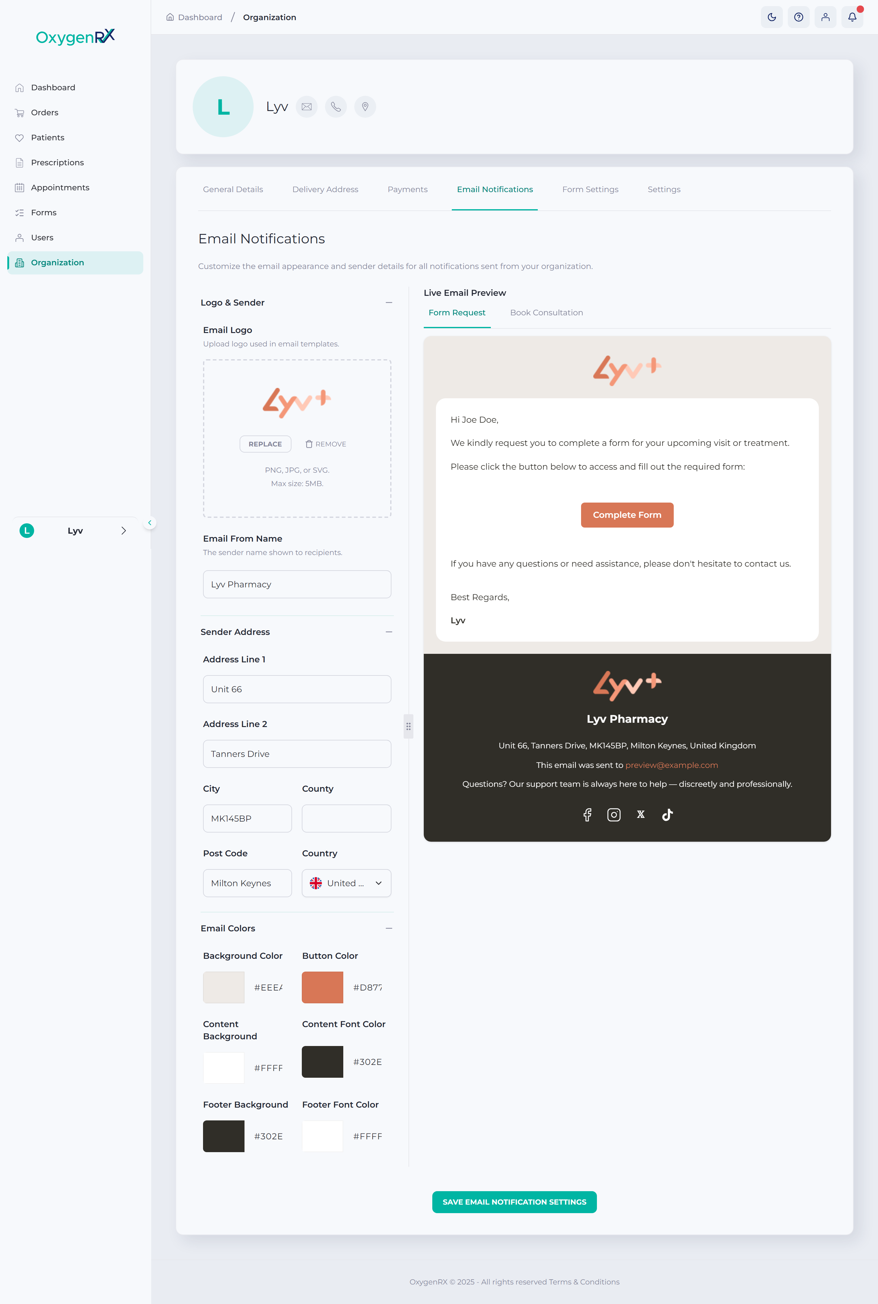 the Email Notifications tab with the live preview panel